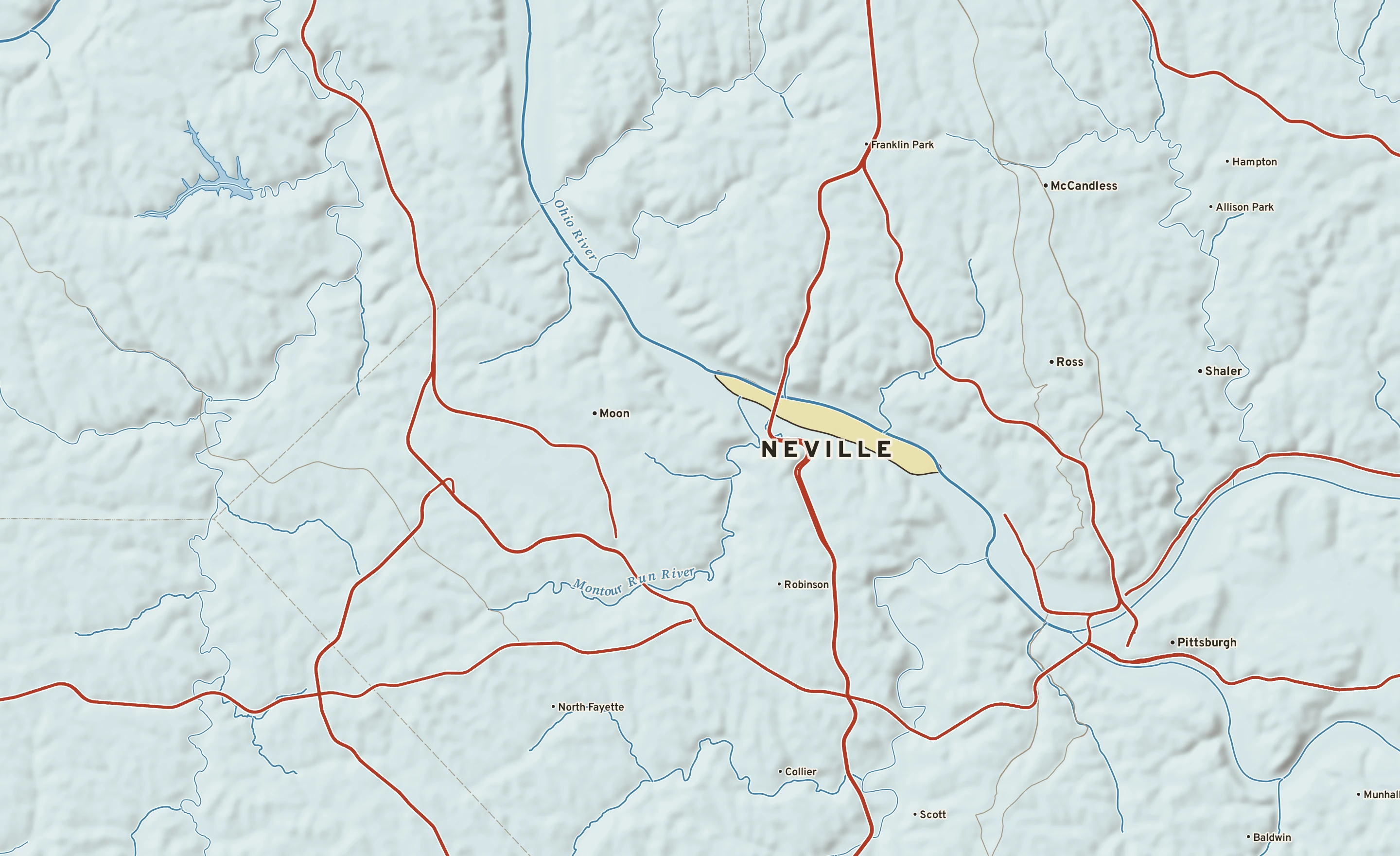 Shaded-relief atlas plate of Neville, Pennsylvania: rivers, roads, the city limits and where the water drains.