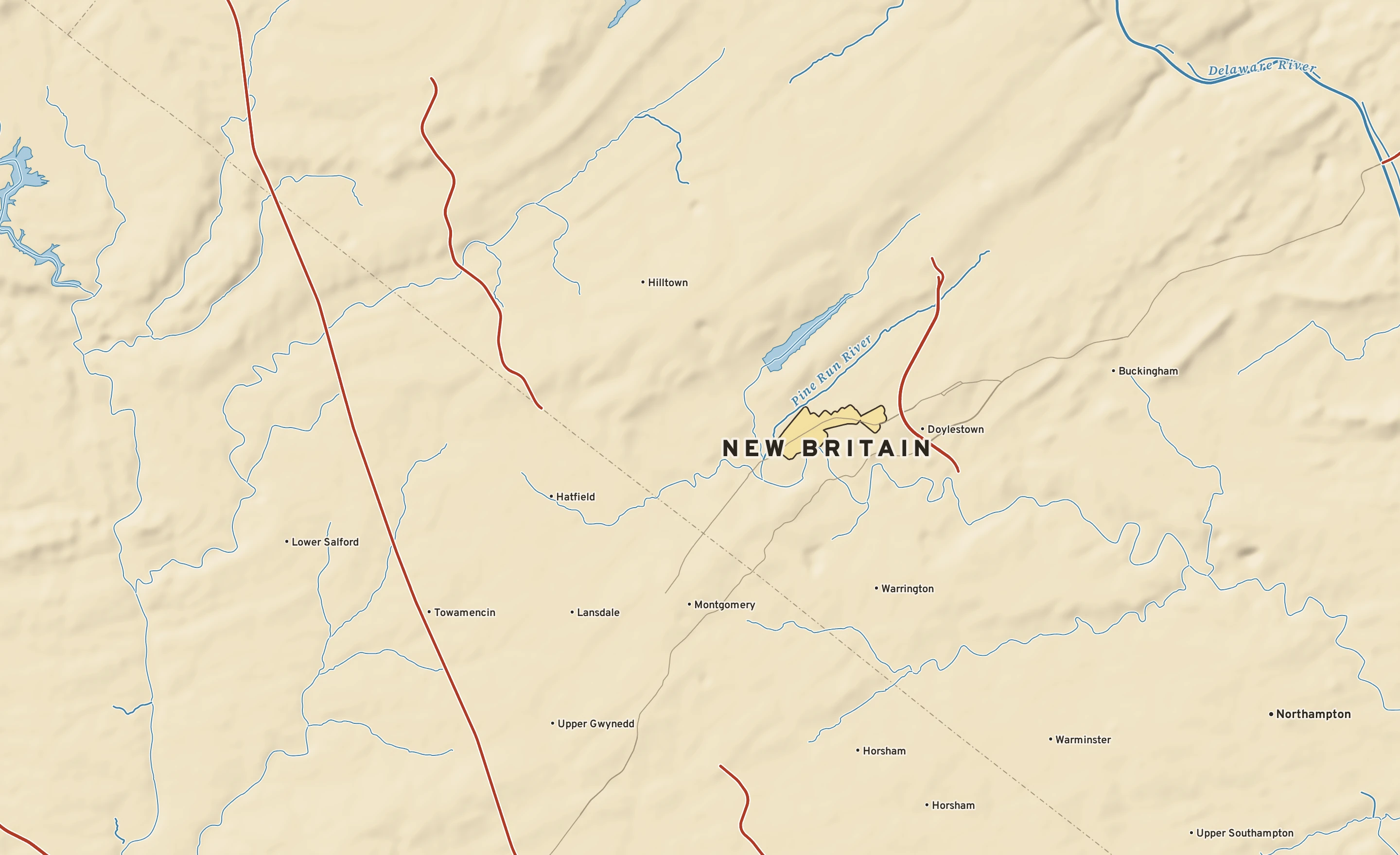 Shaded-relief atlas plate of New Britain, Pennsylvania: rivers, roads, the city limits and where the water drains.