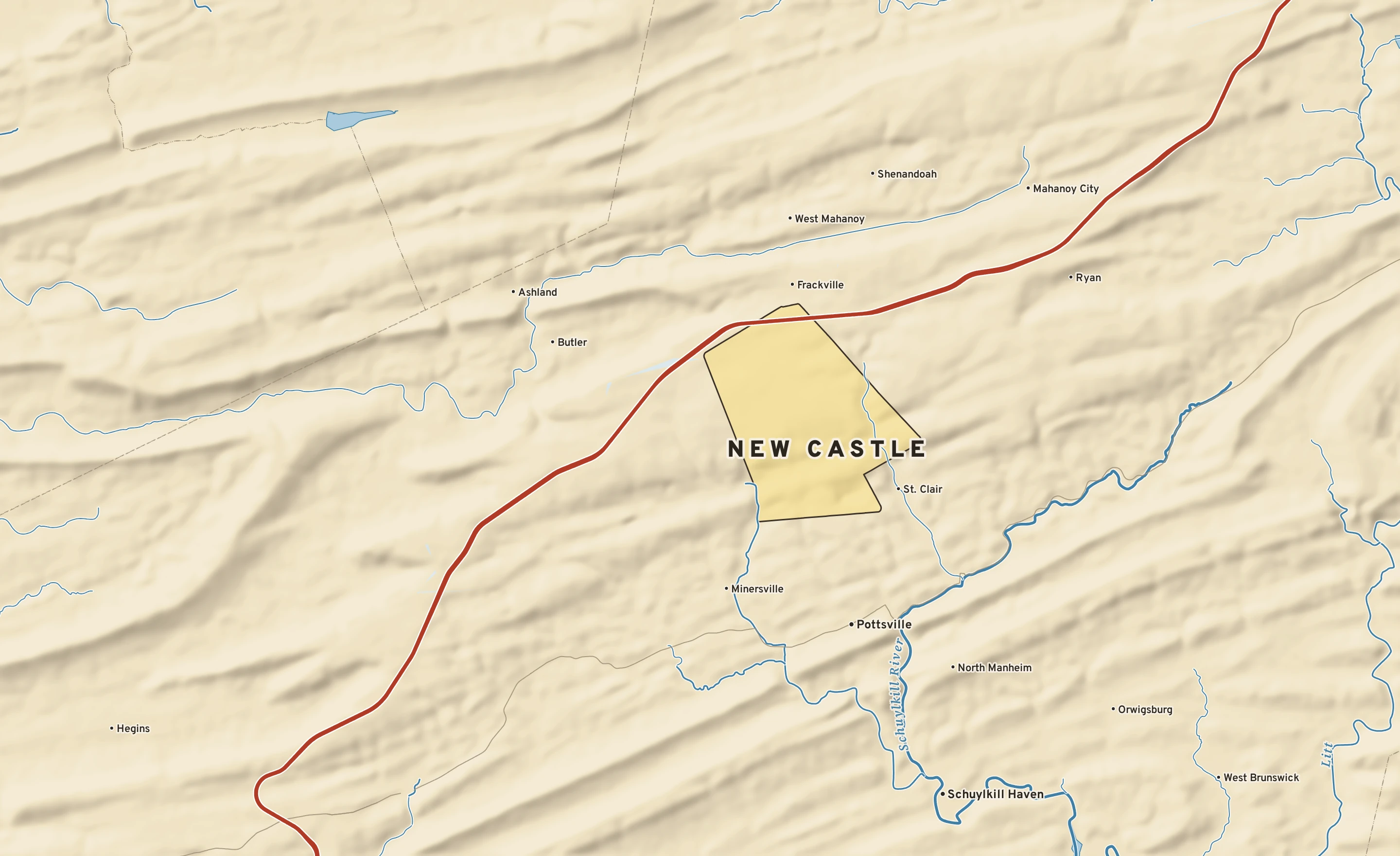 Shaded-relief atlas plate of New Castle, Pennsylvania: rivers, roads, the city limits and where the water drains.
