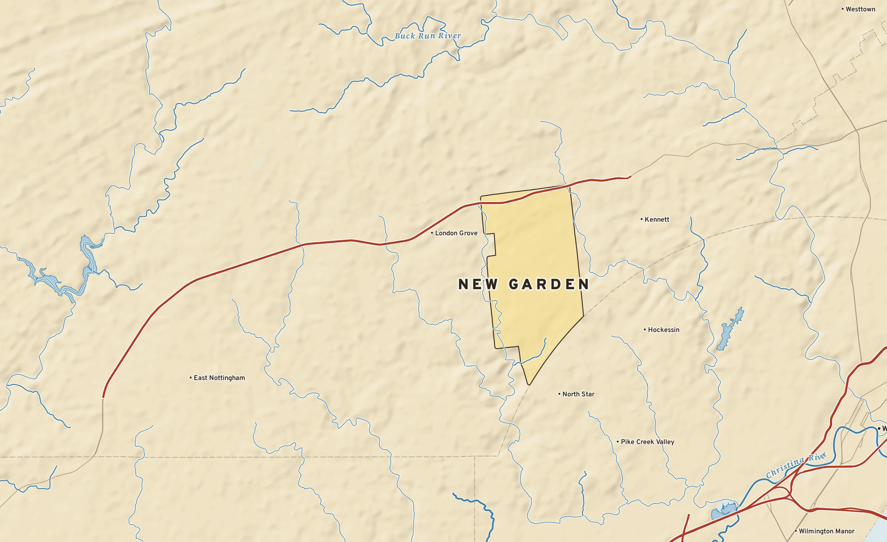 Shaded-relief atlas plate of New Garden, Pennsylvania: rivers, roads, the city limits and where the water drains.