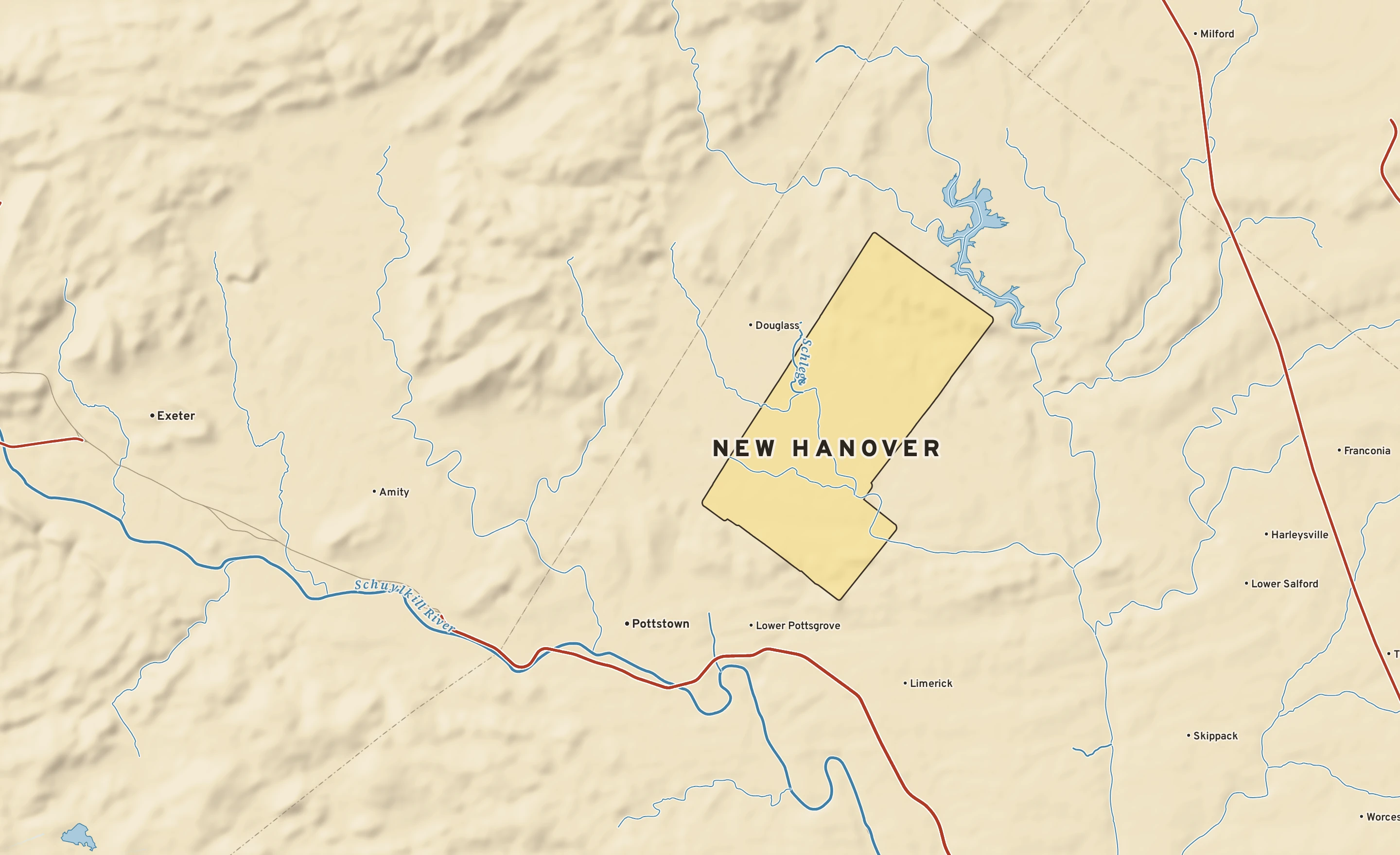 Shaded-relief atlas plate of New Hanover, Pennsylvania: rivers, roads, the city limits and where the water drains.