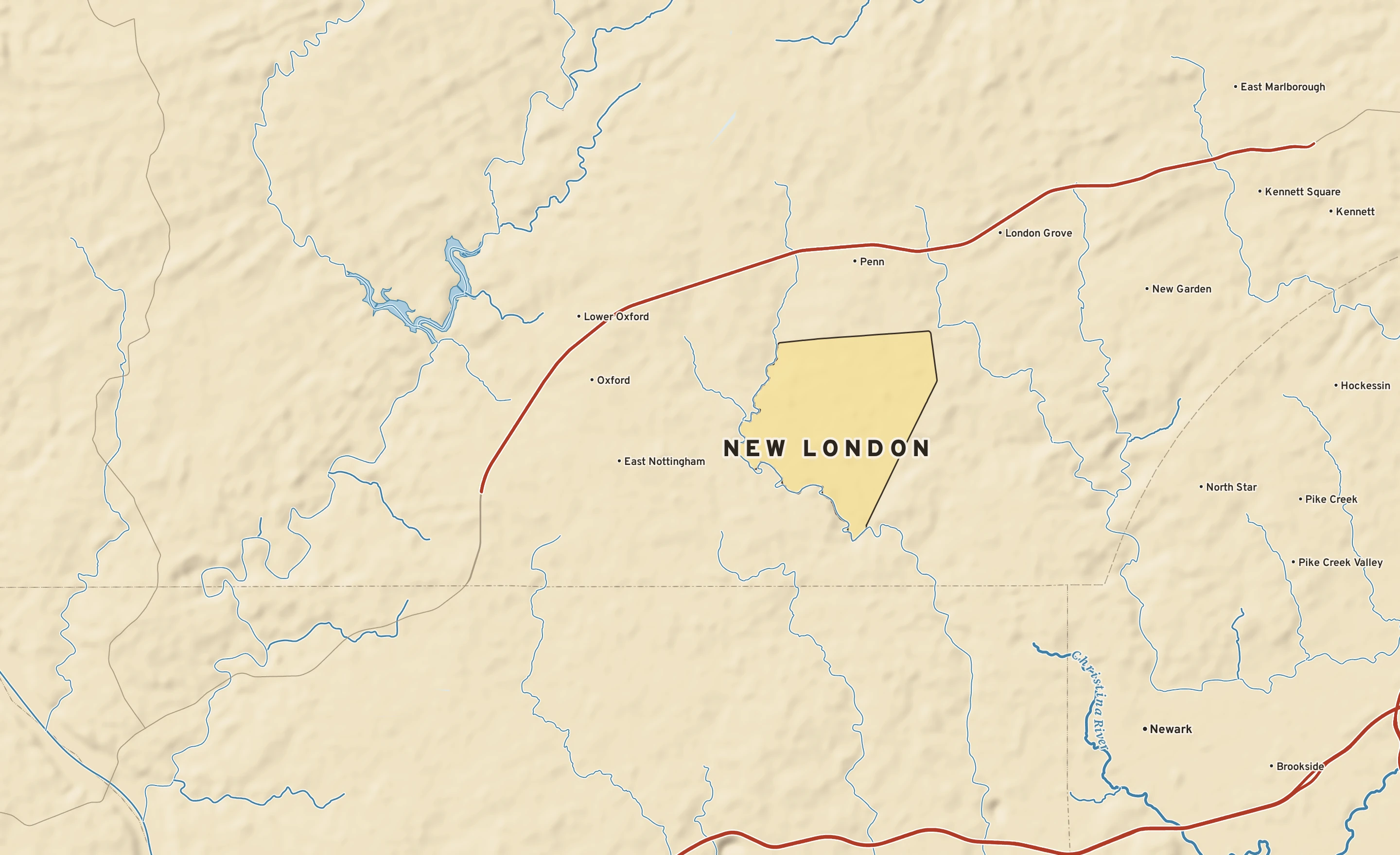 Shaded-relief atlas plate of New London, Pennsylvania: rivers, roads, the city limits and where the water drains.