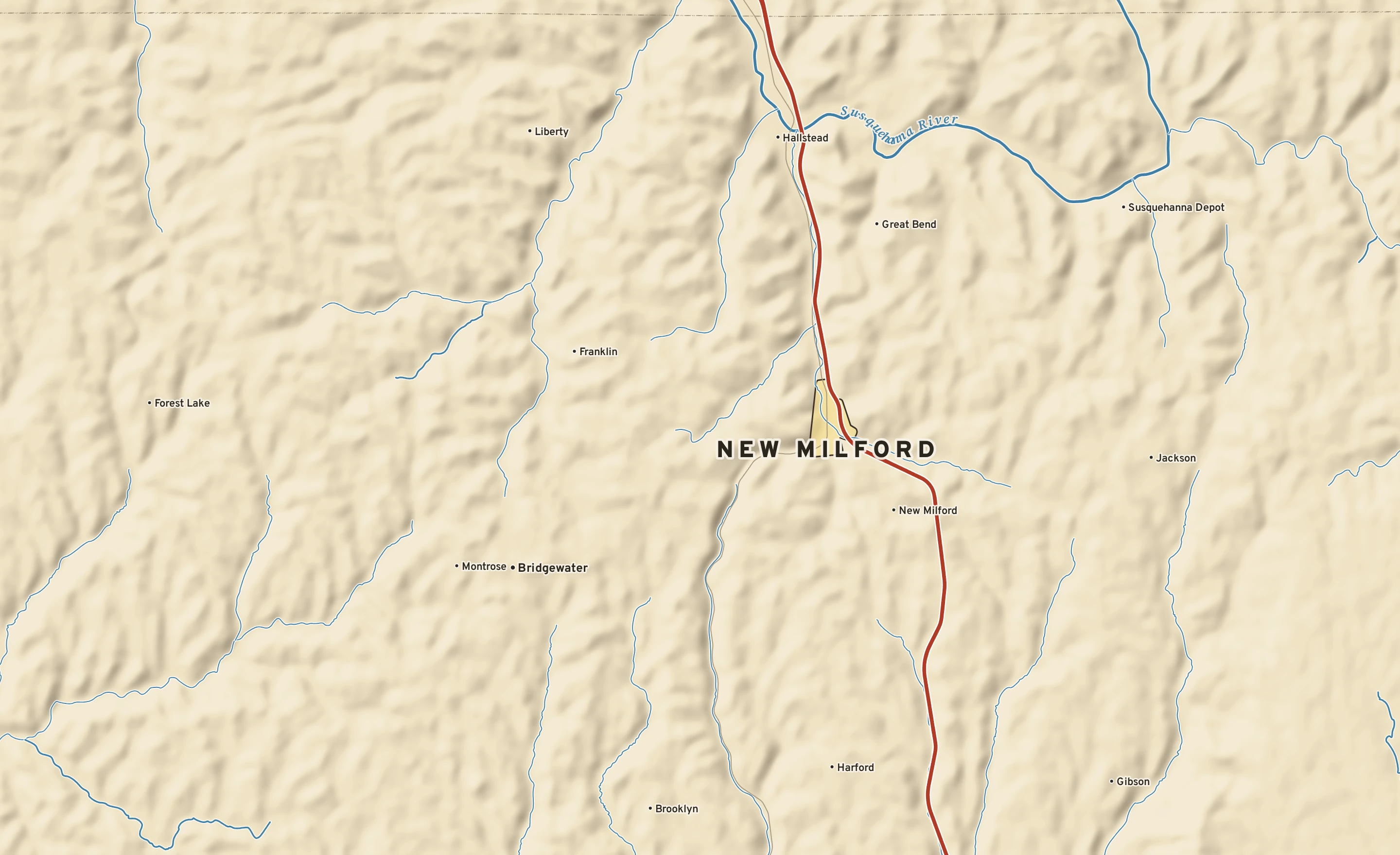 Shaded-relief atlas plate of New Milford, Pennsylvania: rivers, roads, the city limits and where the water drains.