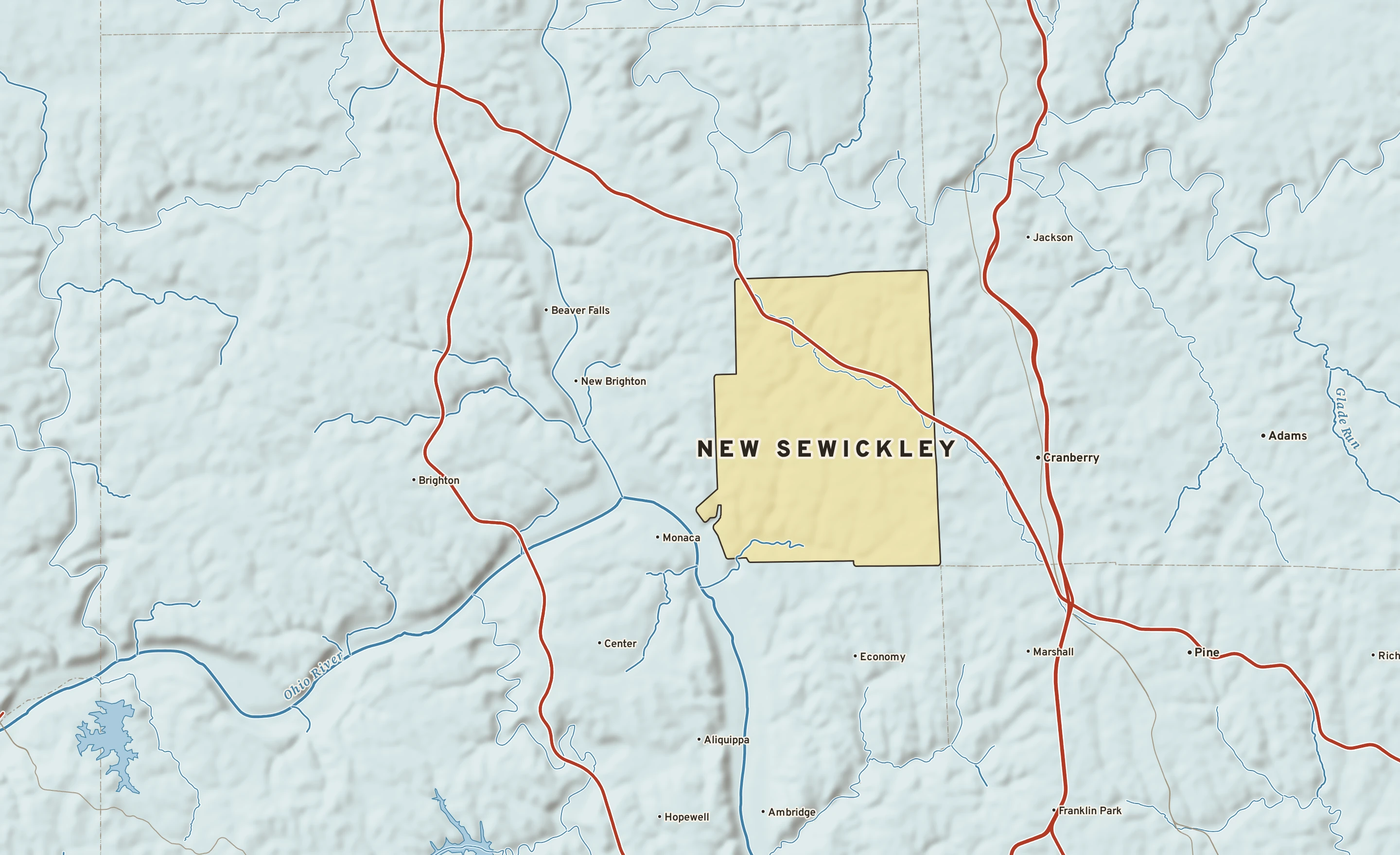 Shaded-relief atlas plate of New Sewickley, Pennsylvania: rivers, roads, the city limits and where the water drains.