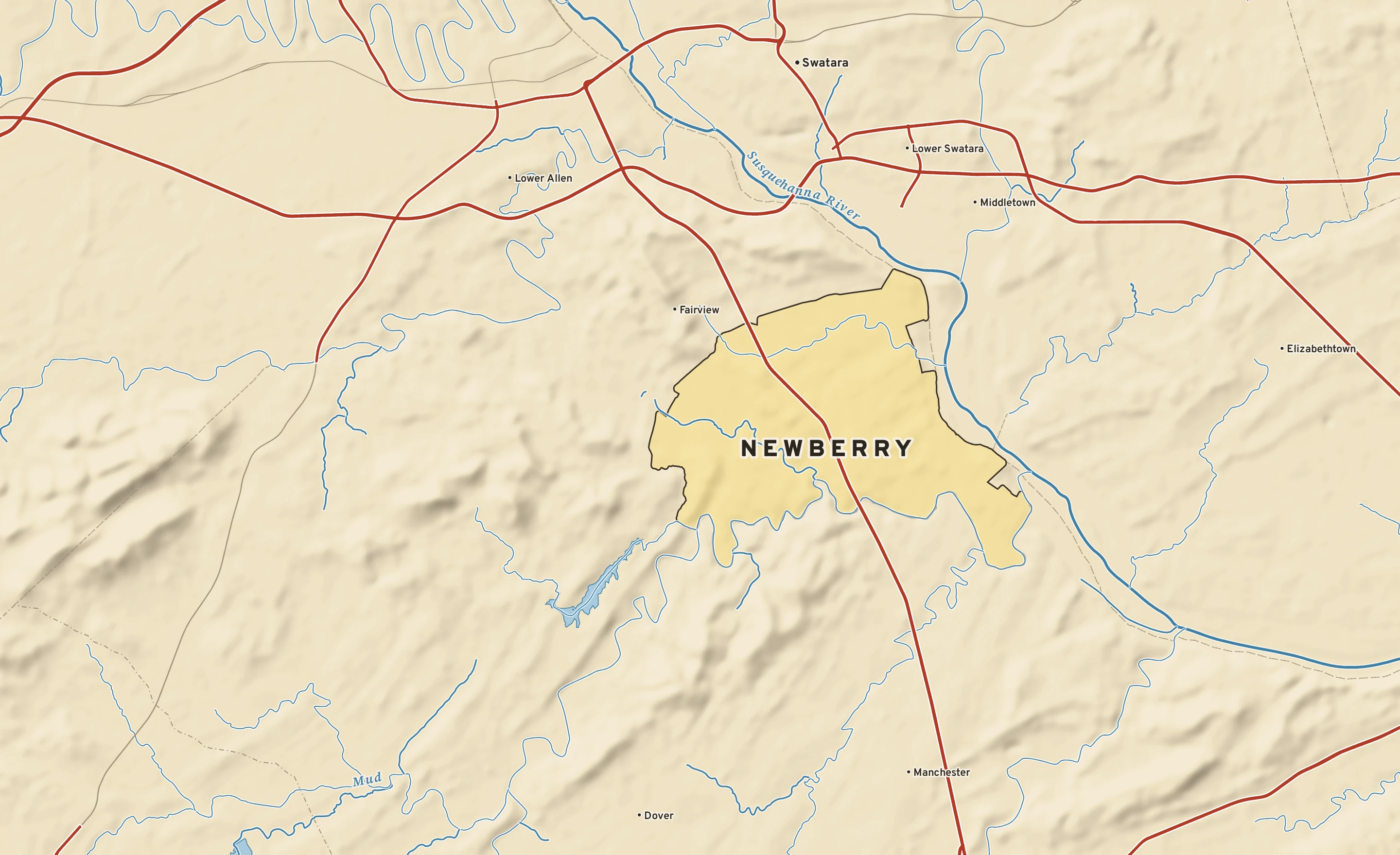 Shaded-relief atlas plate of Newberry, Pennsylvania: rivers, roads, the city limits and where the water drains.