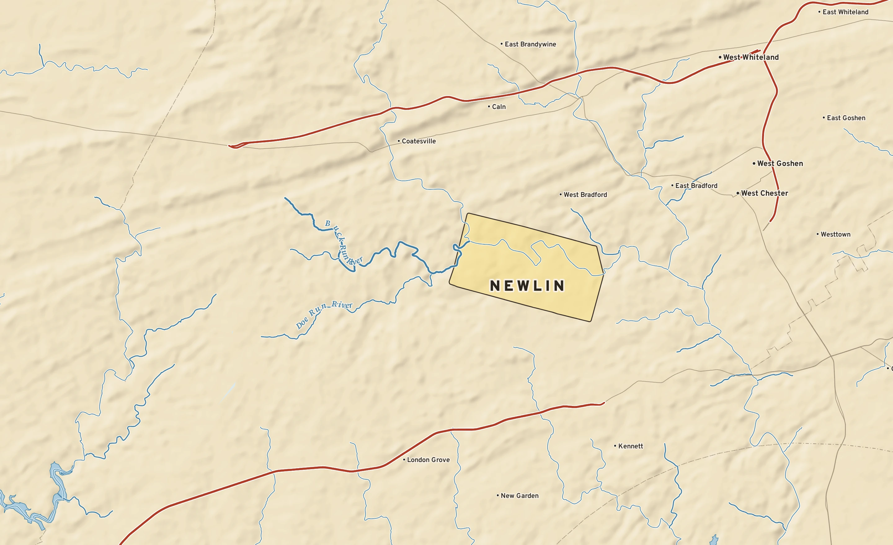 Shaded-relief atlas plate of Newlin, Pennsylvania: rivers, roads, the city limits and where the water drains.