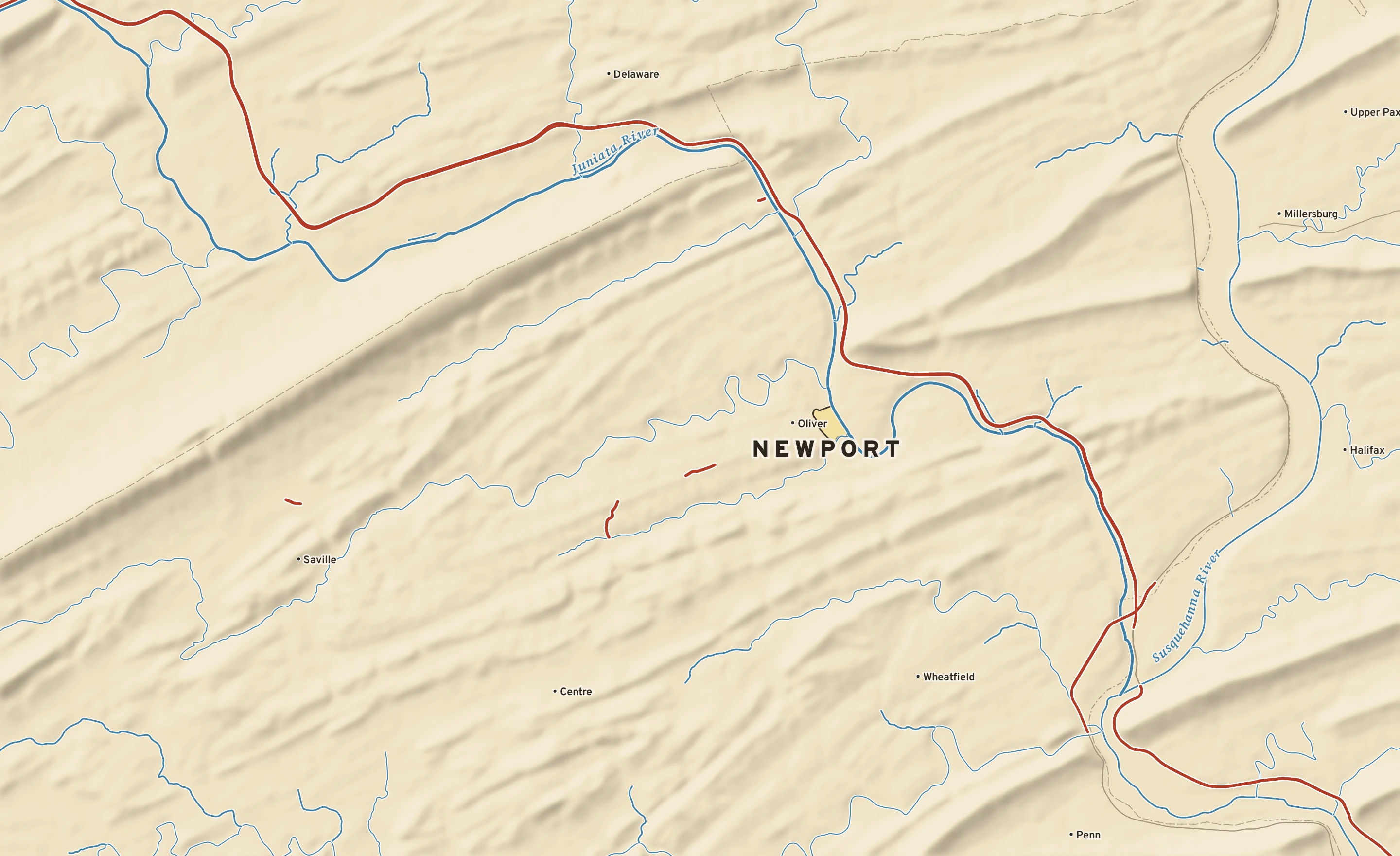 Shaded-relief atlas plate of Newport, Pennsylvania: rivers, roads, the city limits and where the water drains.