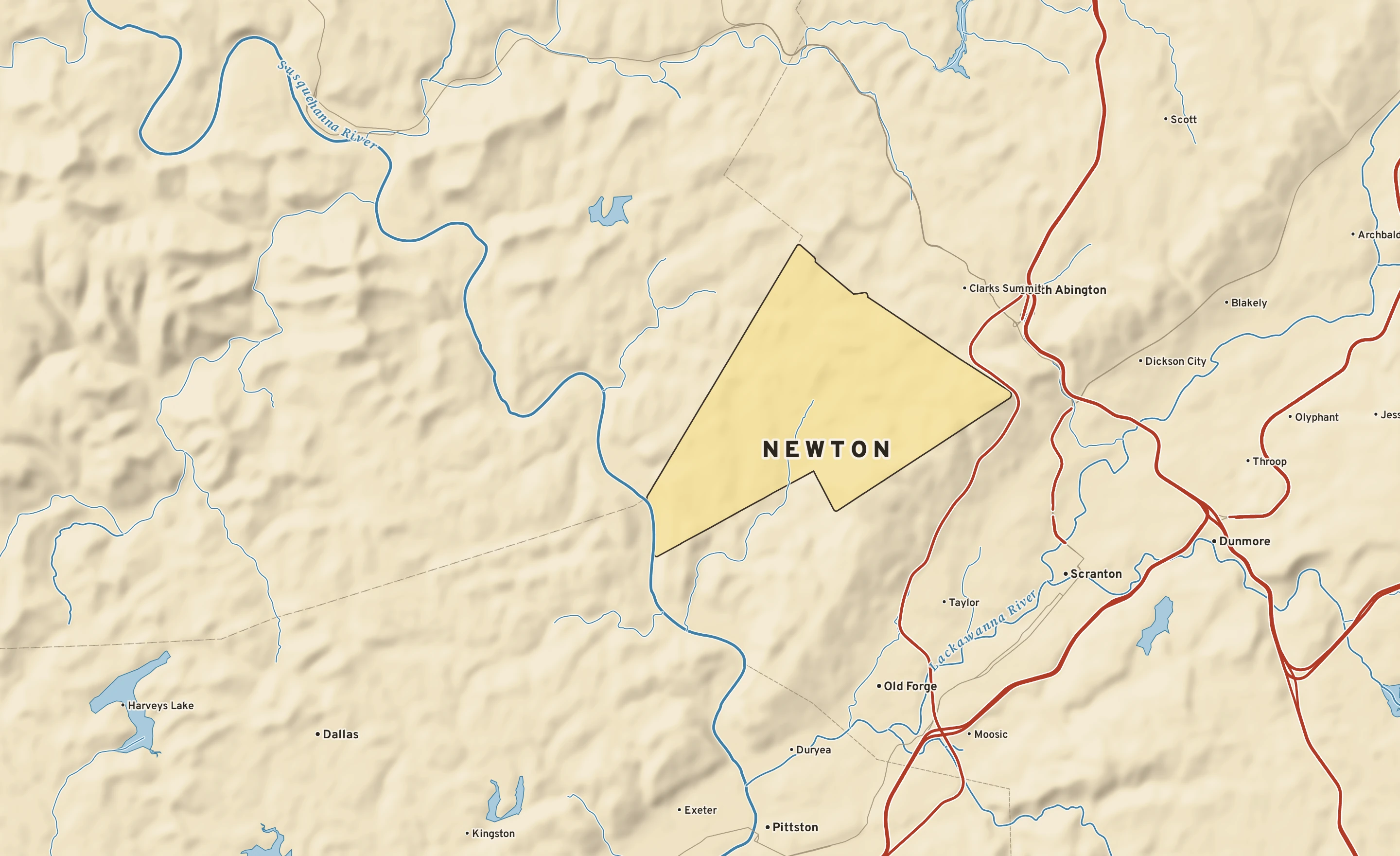 Shaded-relief atlas plate of Newton, Pennsylvania: rivers, roads, the city limits and where the water drains.