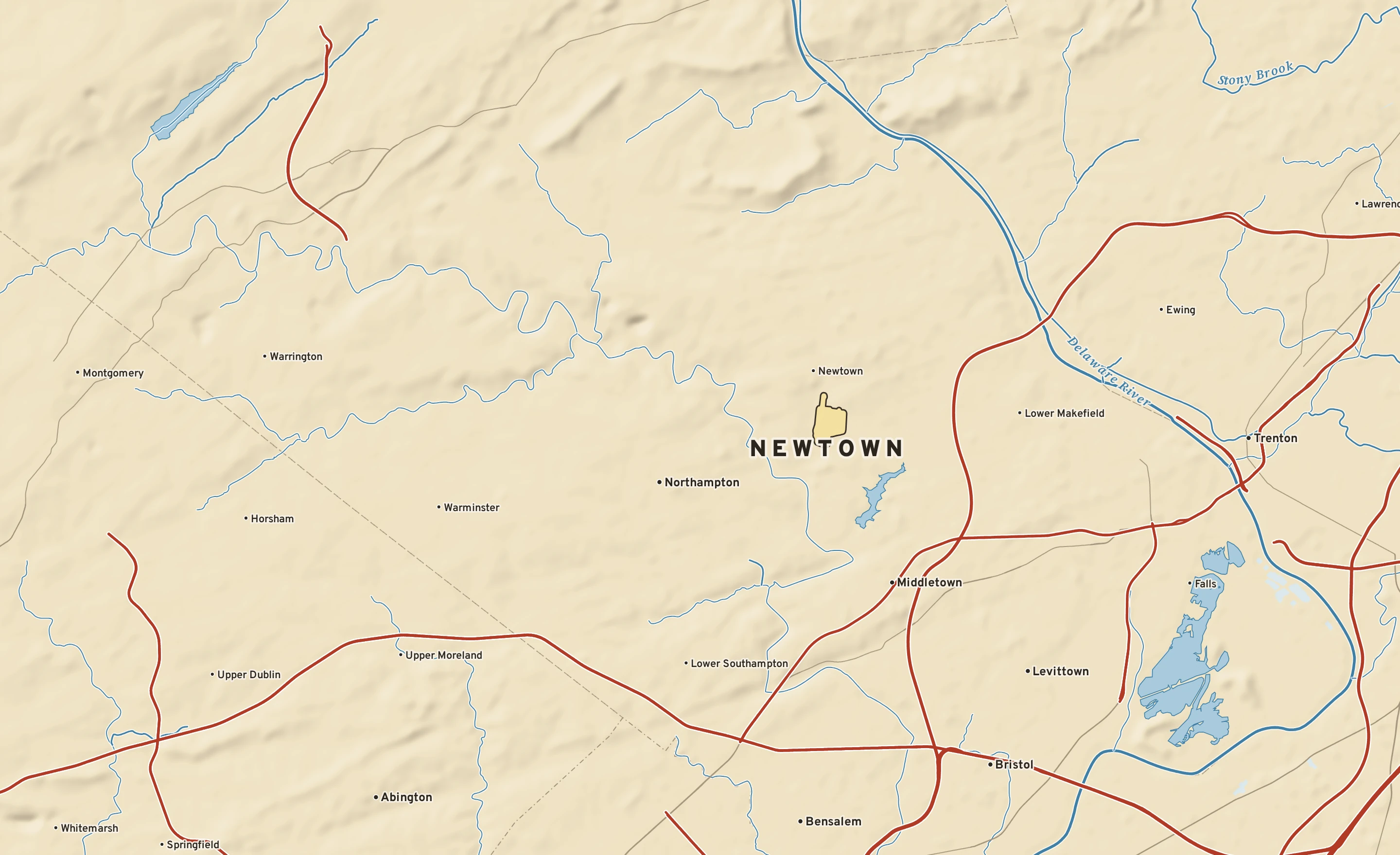 Shaded-relief atlas plate of Newtown, Pennsylvania: rivers, roads, the city limits and where the water drains.