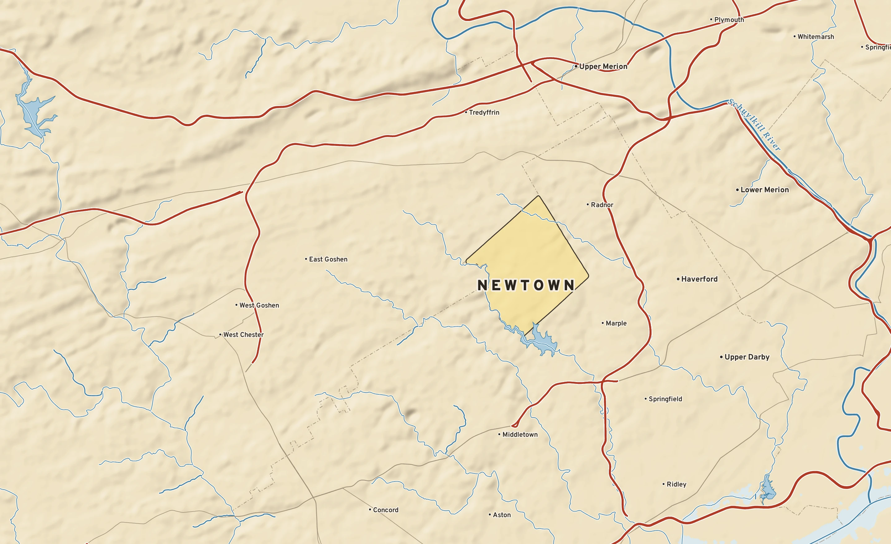 Shaded-relief atlas plate of Newtown, Pennsylvania: rivers, roads, the city limits and where the water drains.
