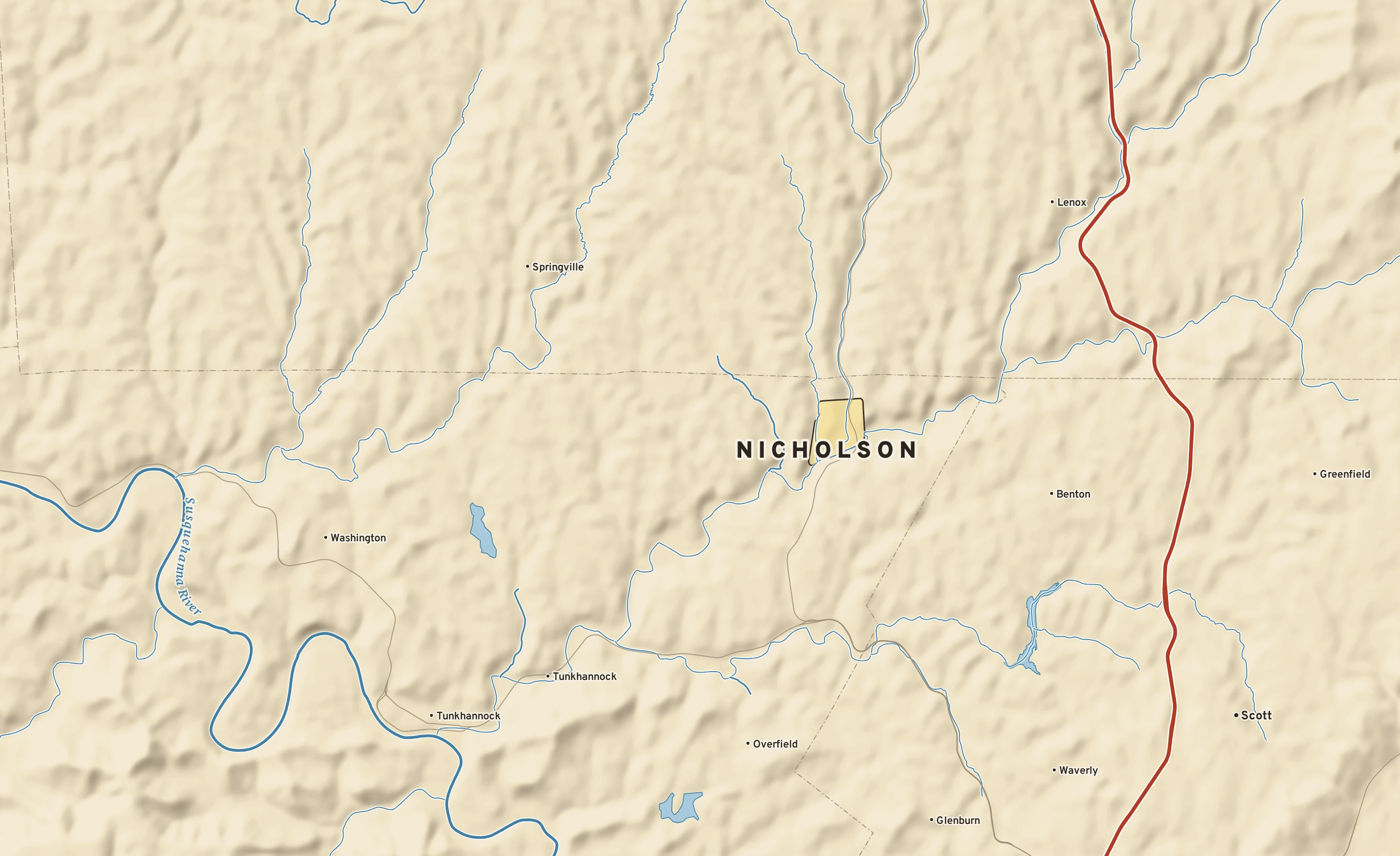 Shaded-relief atlas plate of Nicholson, Pennsylvania: rivers, roads, the city limits and where the water drains.