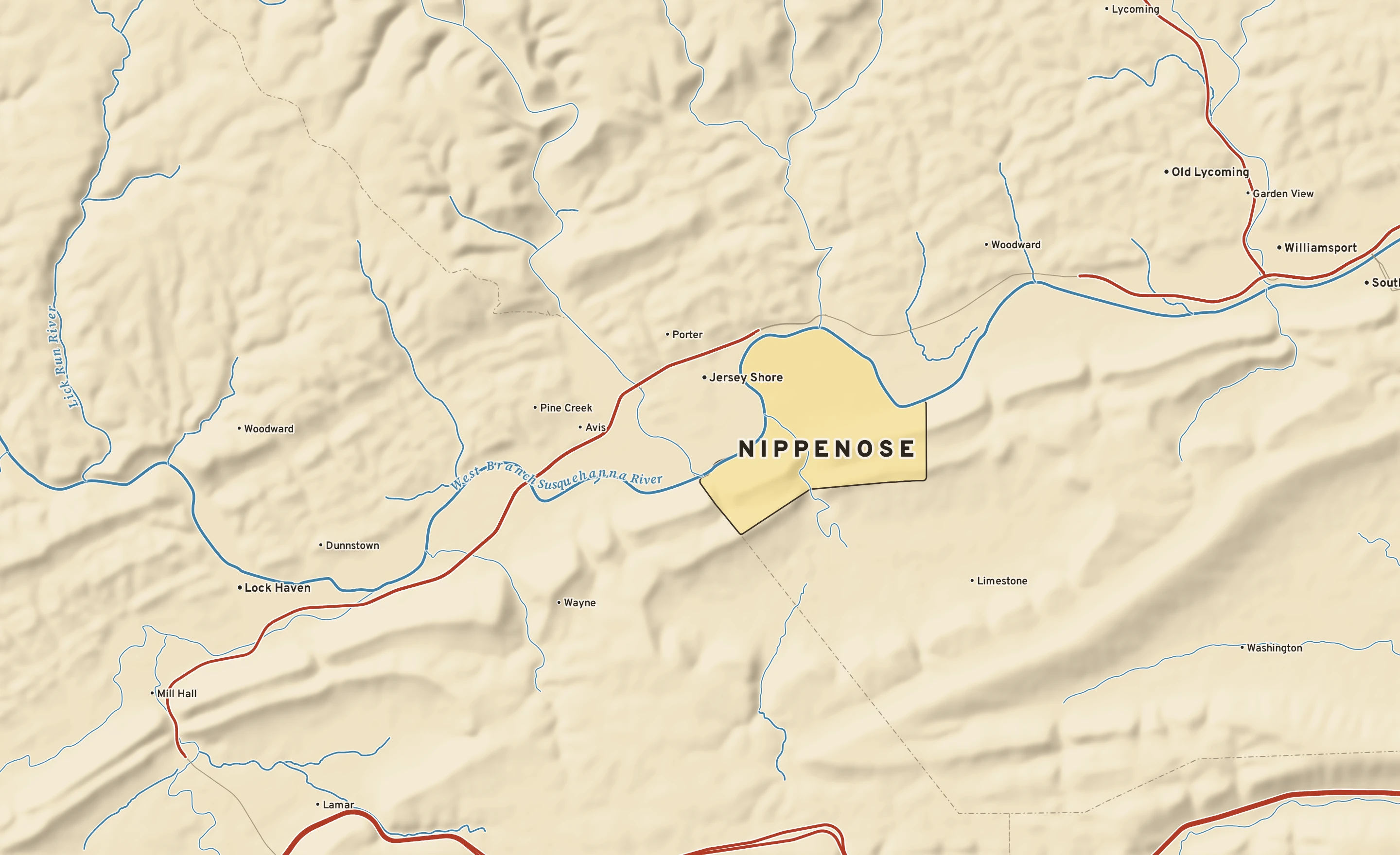 Shaded-relief atlas plate of Nippenose, Pennsylvania: rivers, roads, the city limits and where the water drains.