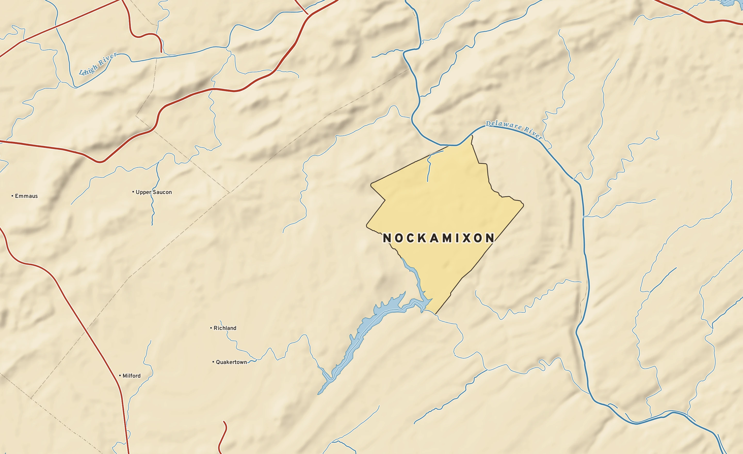 Shaded-relief atlas plate of Nockamixon, Pennsylvania: rivers, roads, the city limits and where the water drains.