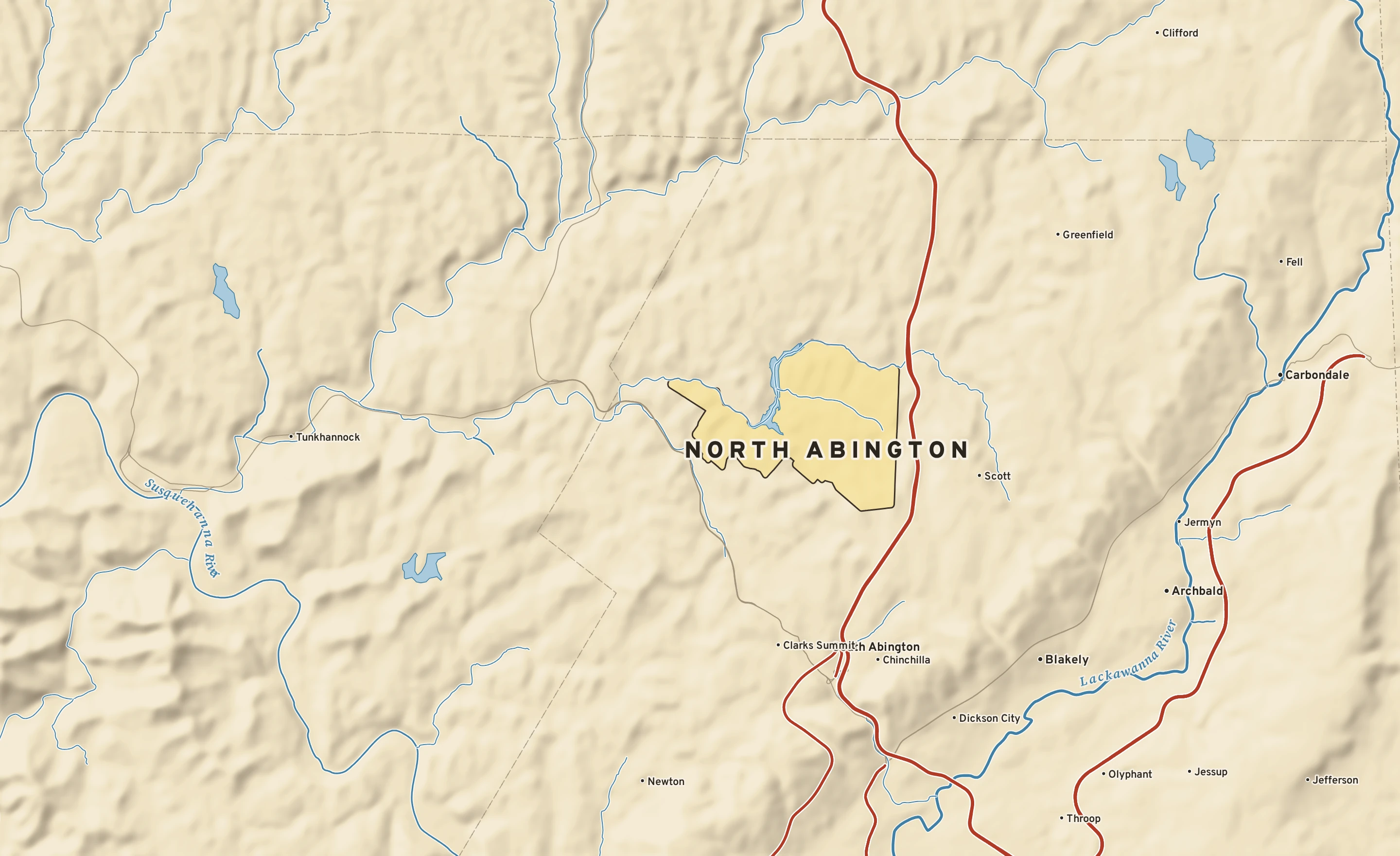 Shaded-relief atlas plate of North Abington, Pennsylvania: rivers, roads, the city limits and where the water drains.