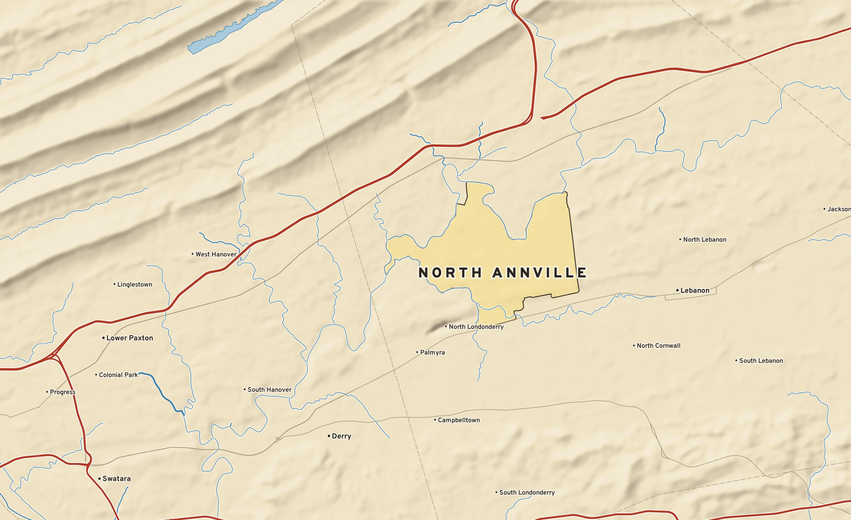 Shaded-relief atlas plate of North Annville, Pennsylvania: rivers, roads, the city limits and where the water drains.
