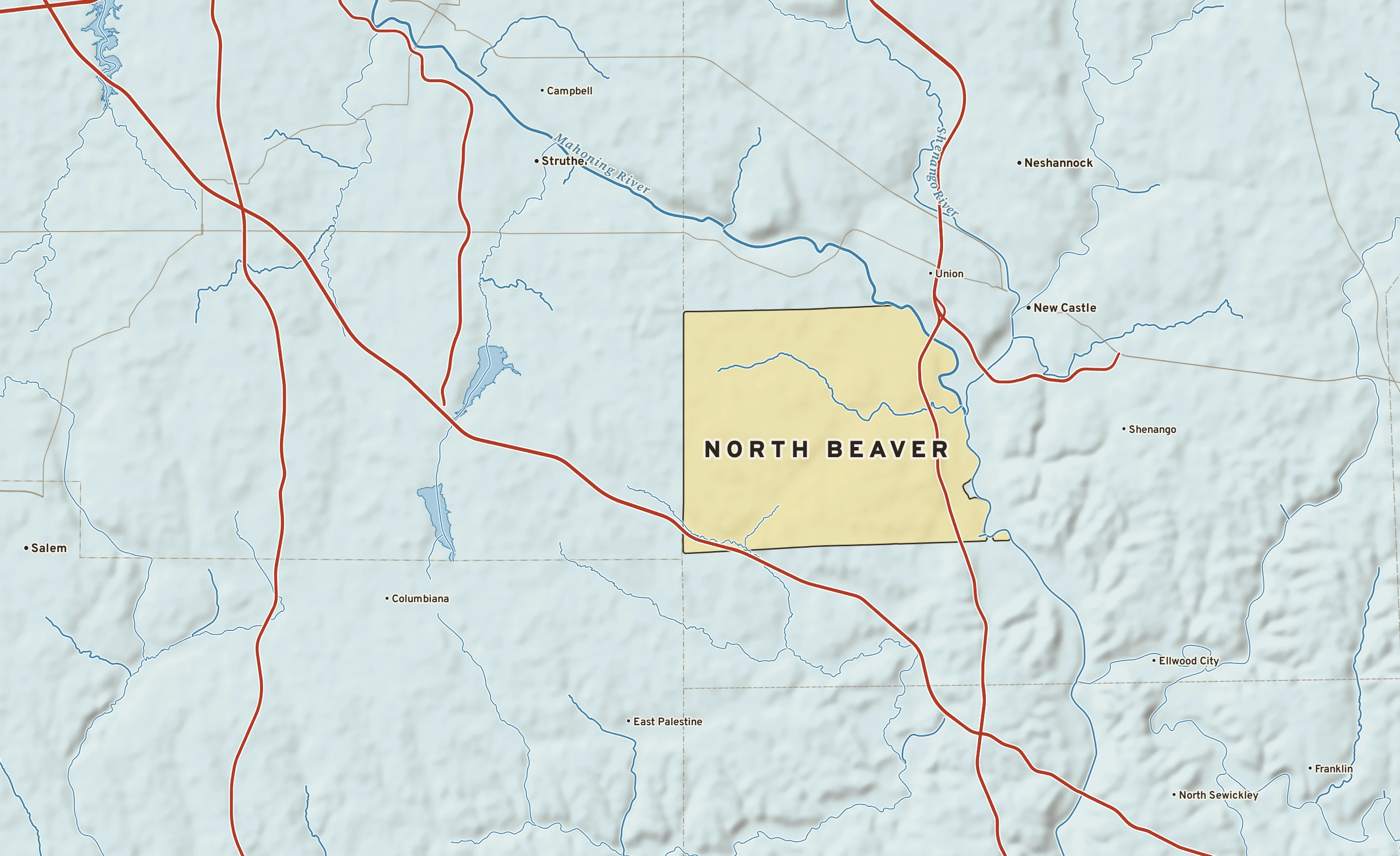 Shaded-relief atlas plate of North Beaver, Pennsylvania: rivers, roads, the city limits and where the water drains.