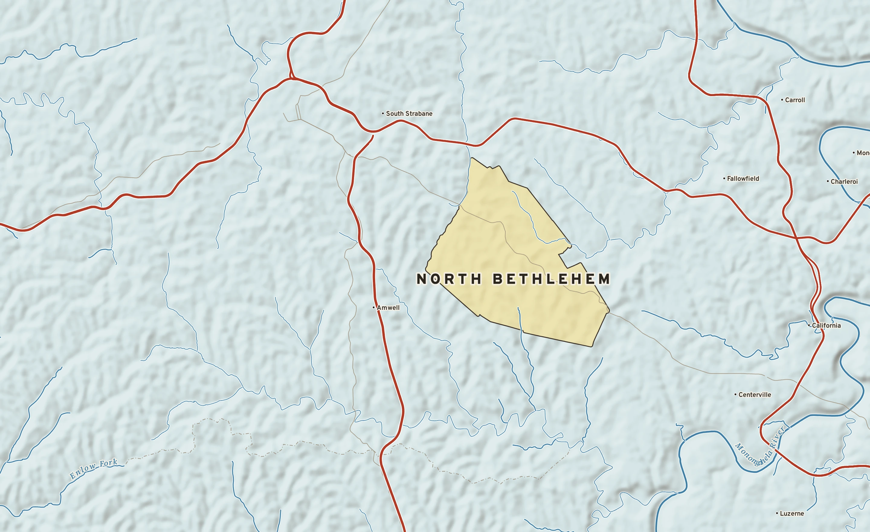 Shaded-relief atlas plate of North Bethlehem, Pennsylvania: rivers, roads, the city limits and where the water drains.