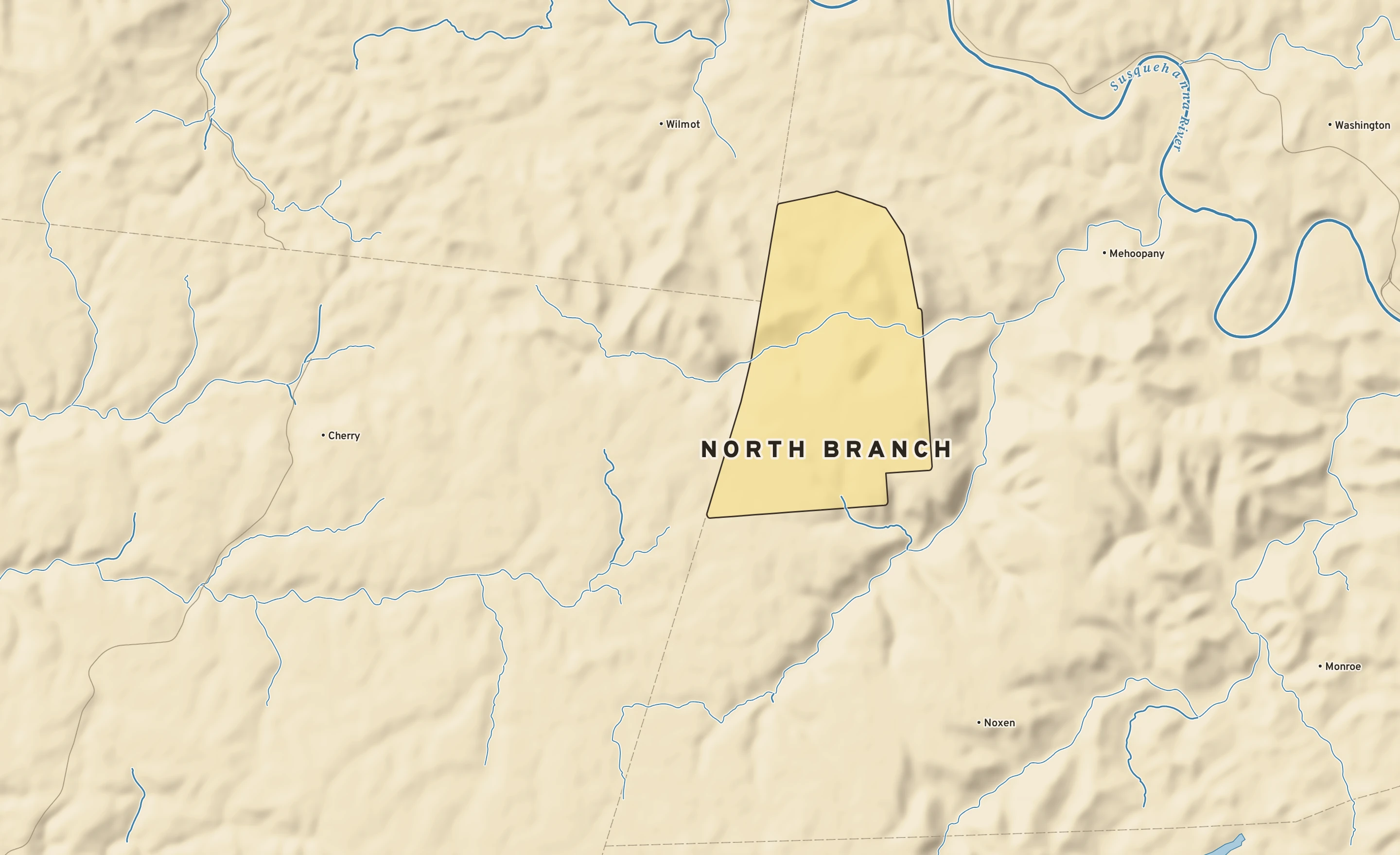 Shaded-relief atlas plate of North Branch, Pennsylvania: rivers, roads, the city limits and where the water drains.