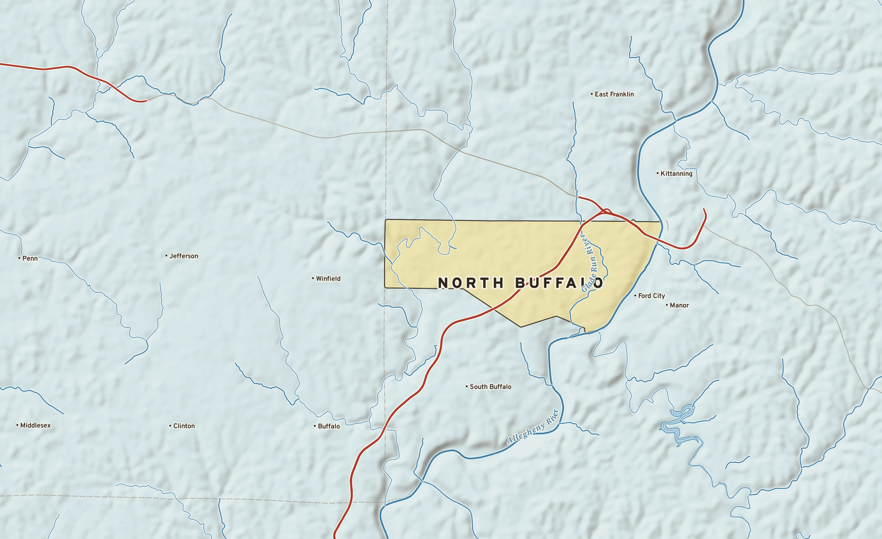 Shaded-relief atlas plate of North Buffalo, Pennsylvania: rivers, roads, the city limits and where the water drains.