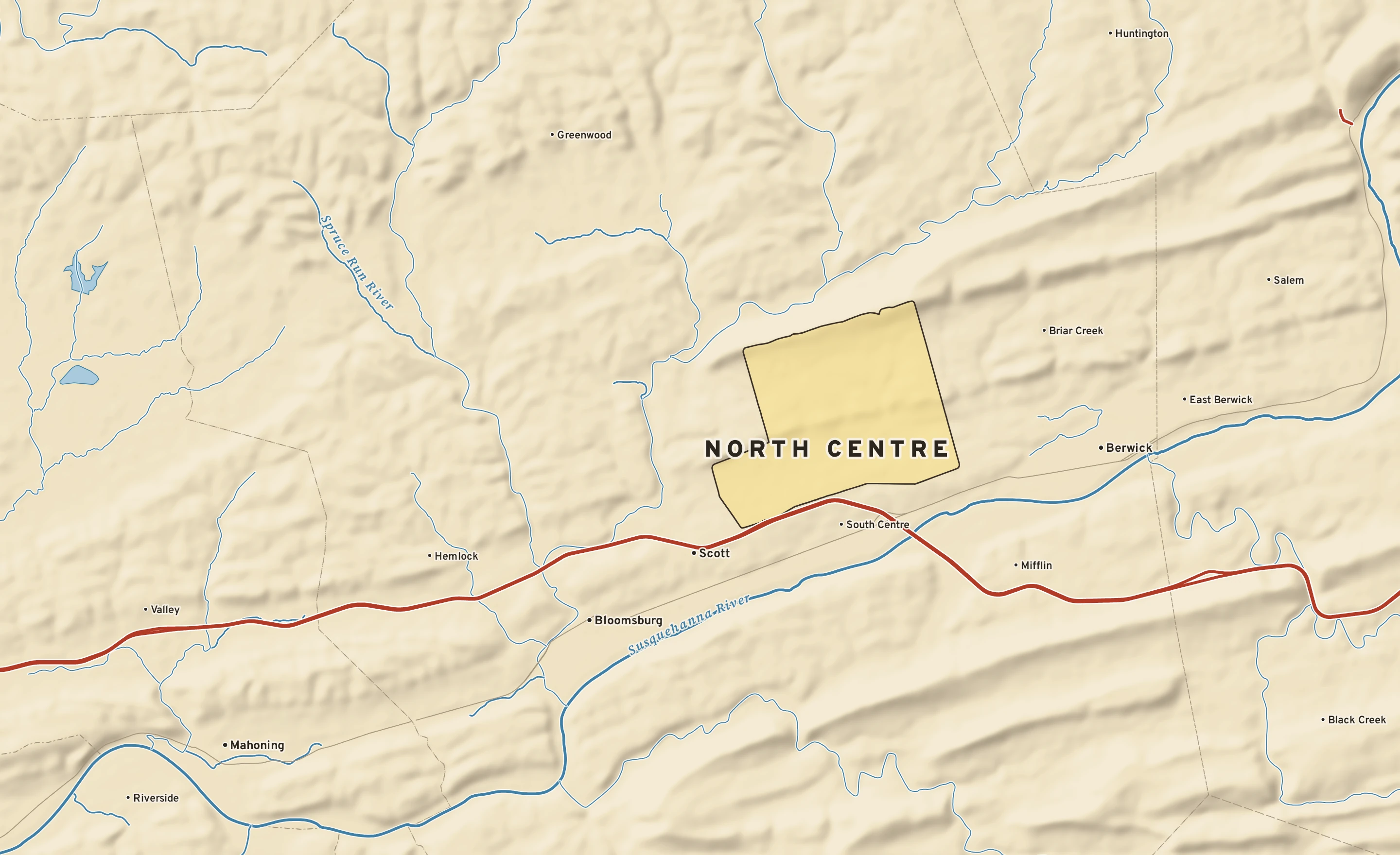 Shaded-relief atlas plate of North Centre, Pennsylvania: rivers, roads, the city limits and where the water drains.