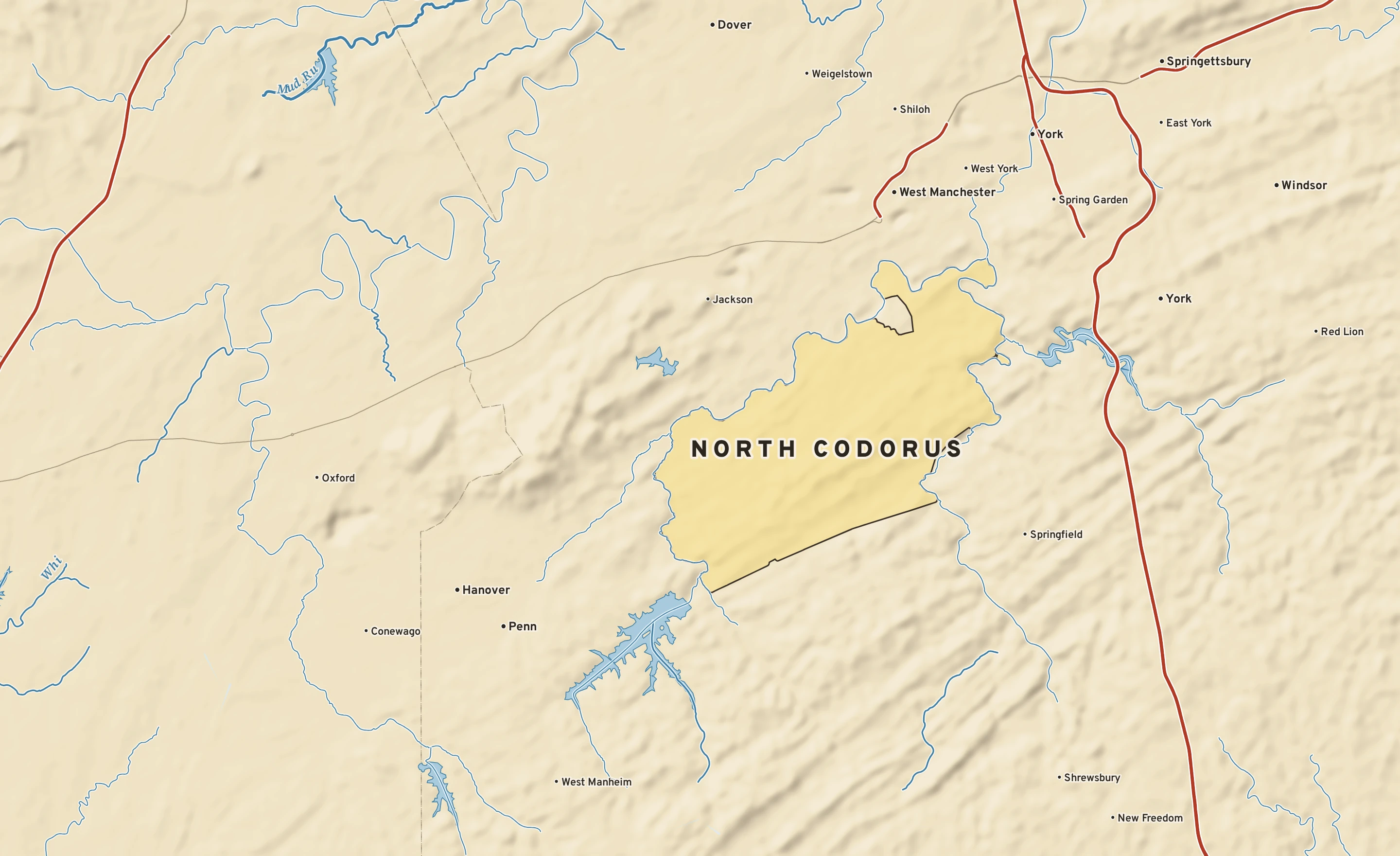 Shaded-relief atlas plate of North Codorus, Pennsylvania: rivers, roads, the city limits and where the water drains.