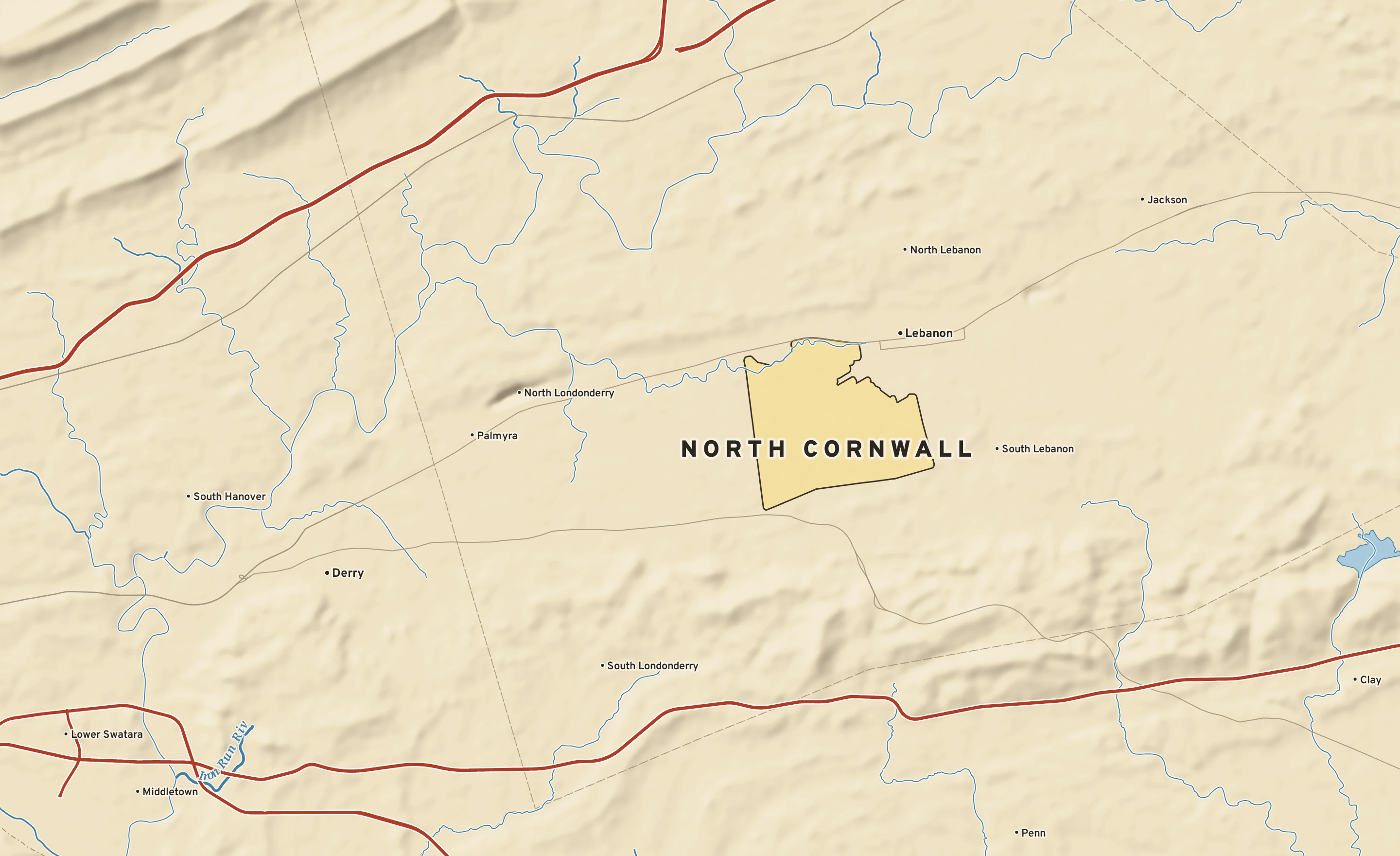 Shaded-relief atlas plate of North Cornwall, Pennsylvania: rivers, roads, the city limits and where the water drains.