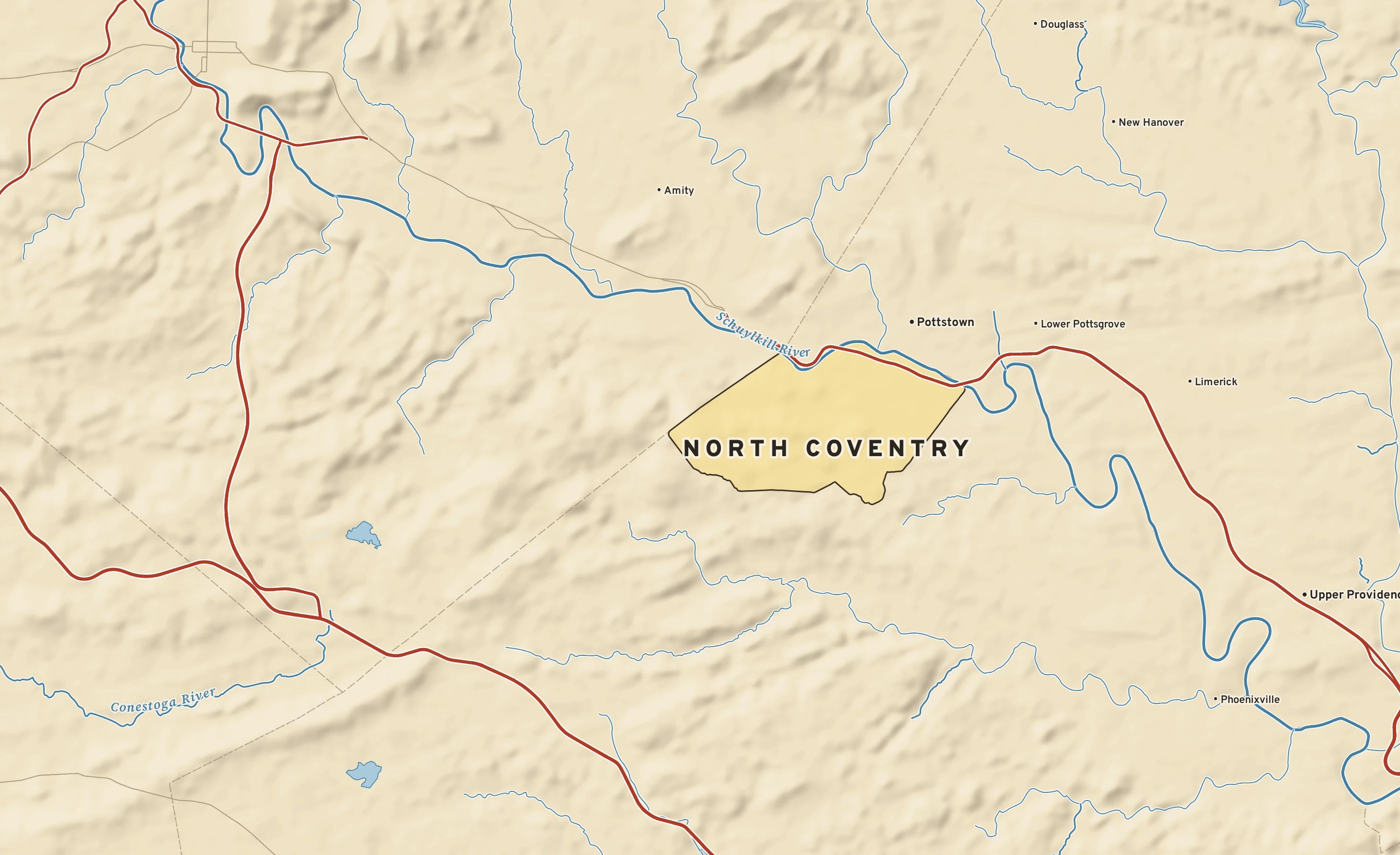 Shaded-relief atlas plate of North Coventry, Pennsylvania: rivers, roads, the city limits and where the water drains.