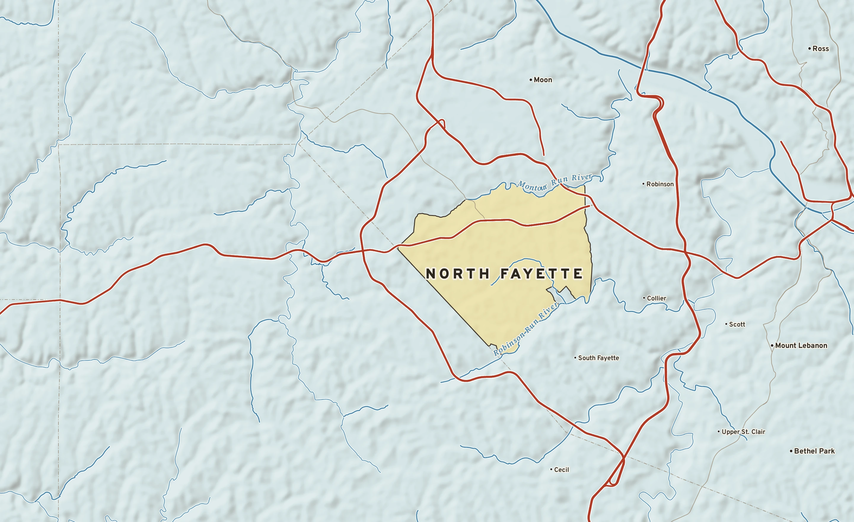 Shaded-relief atlas plate of North Fayette, Pennsylvania: rivers, roads, the city limits and where the water drains.