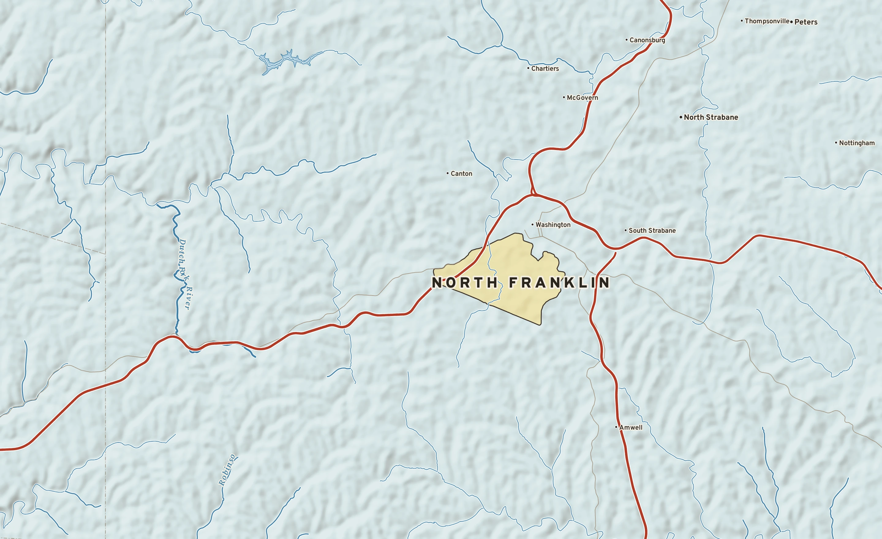 Shaded-relief atlas plate of North Franklin, Pennsylvania: rivers, roads, the city limits and where the water drains.