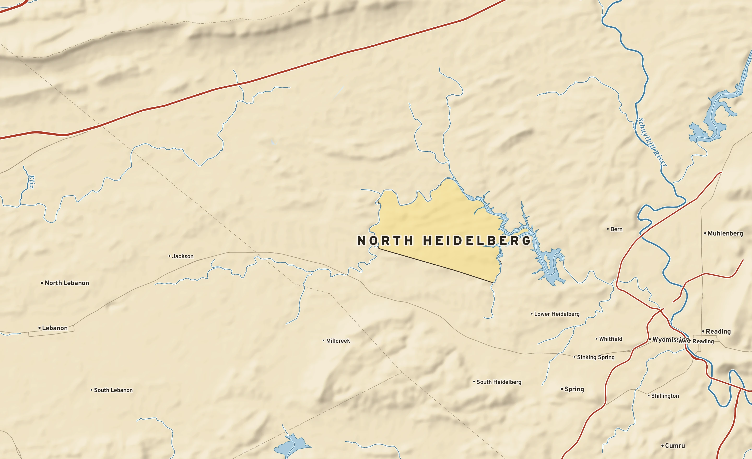 Shaded-relief atlas plate of North Heidelberg, Pennsylvania: rivers, roads, the city limits and where the water drains.