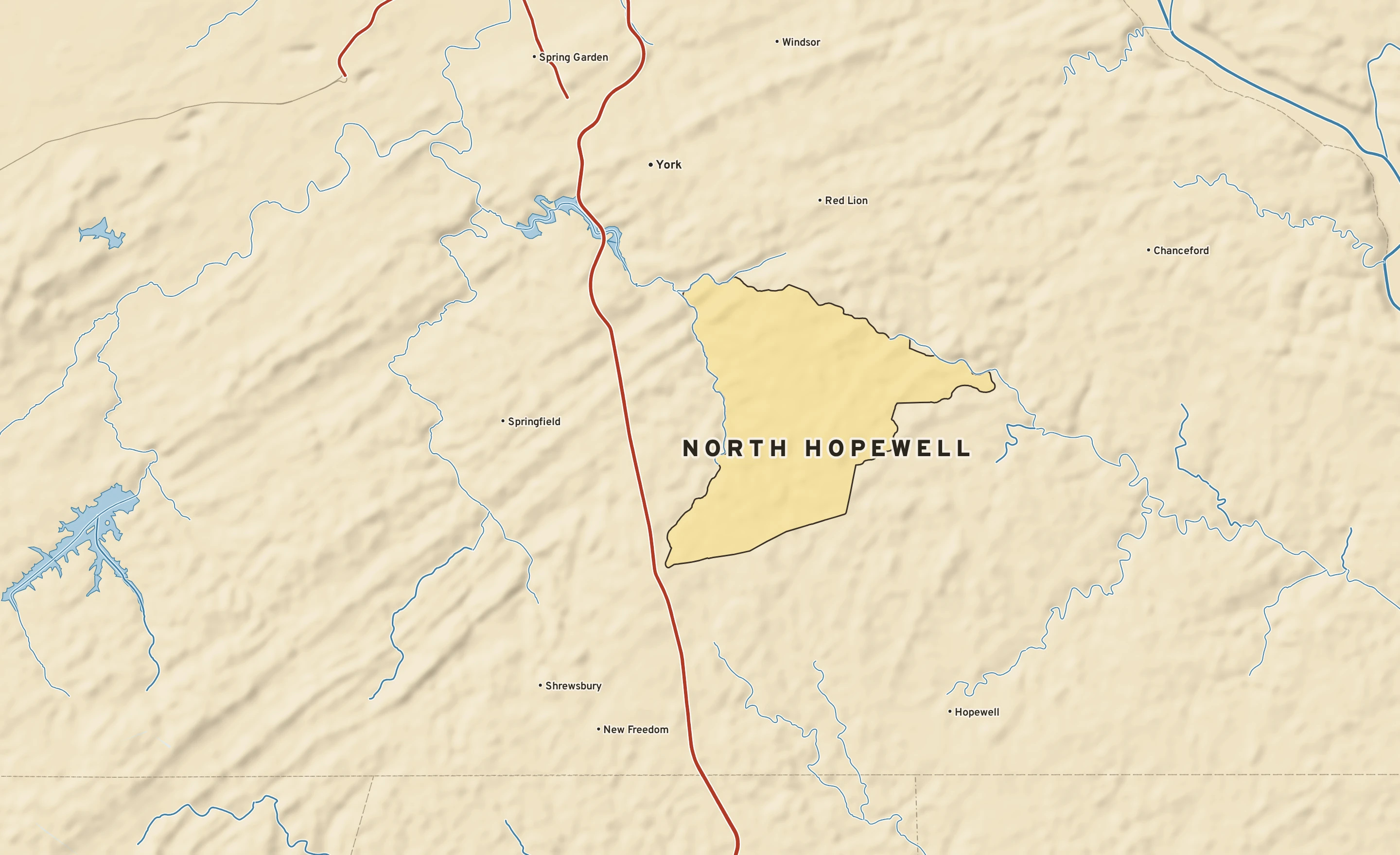 Shaded-relief atlas plate of North Hopewell, Pennsylvania: rivers, roads, the city limits and where the water drains.