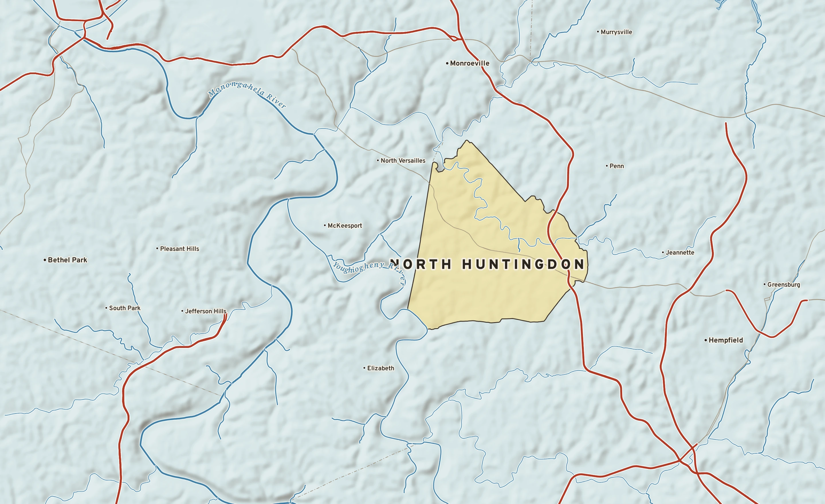 Shaded-relief atlas plate of North Huntingdon, Pennsylvania: rivers, roads, the city limits and where the water drains.