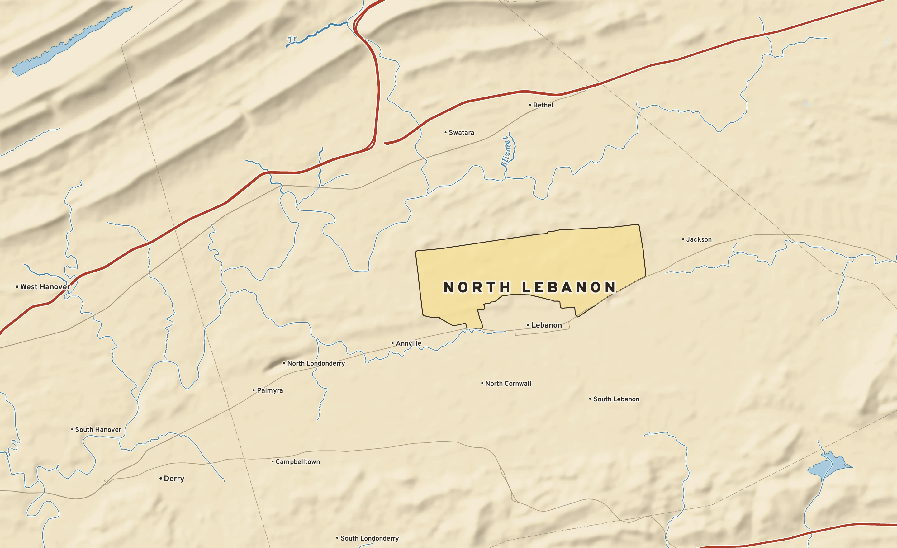 Shaded-relief atlas plate of North Lebanon, Pennsylvania: rivers, roads, the city limits and where the water drains.