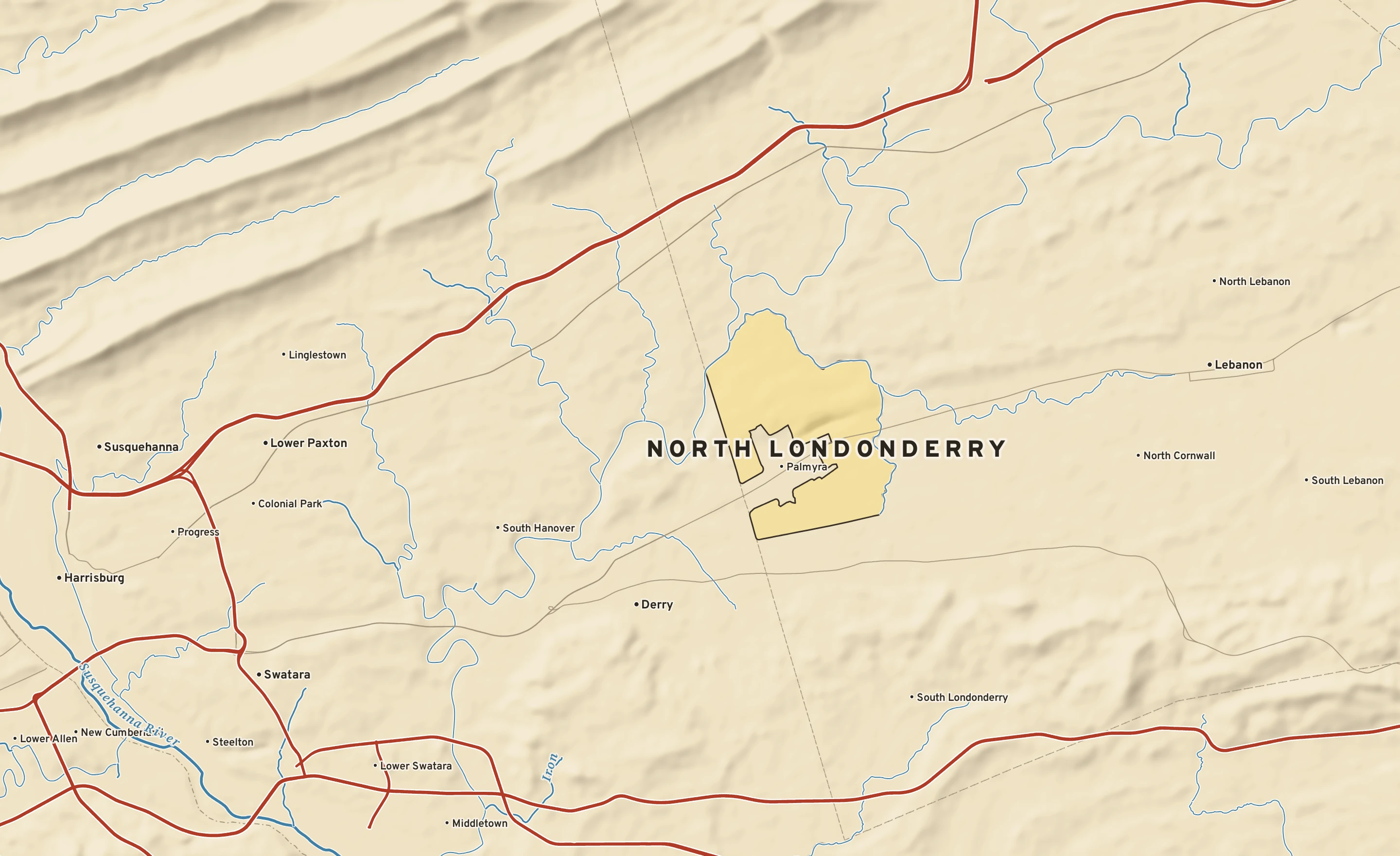 Shaded-relief atlas plate of North Londonderry, Pennsylvania: rivers, roads, the city limits and where the water drains.