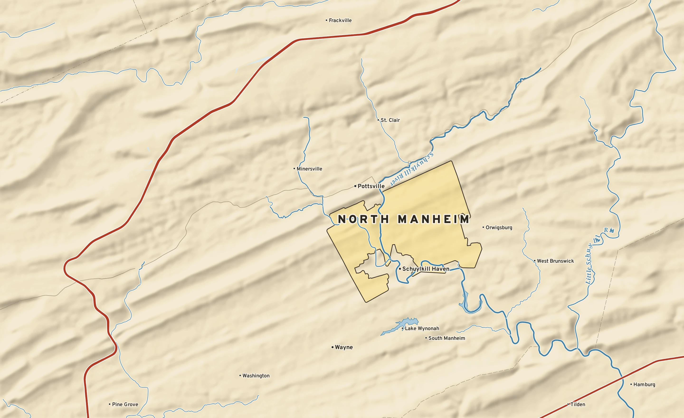 Shaded-relief atlas plate of North Manheim, Pennsylvania: rivers, roads, the city limits and where the water drains.
