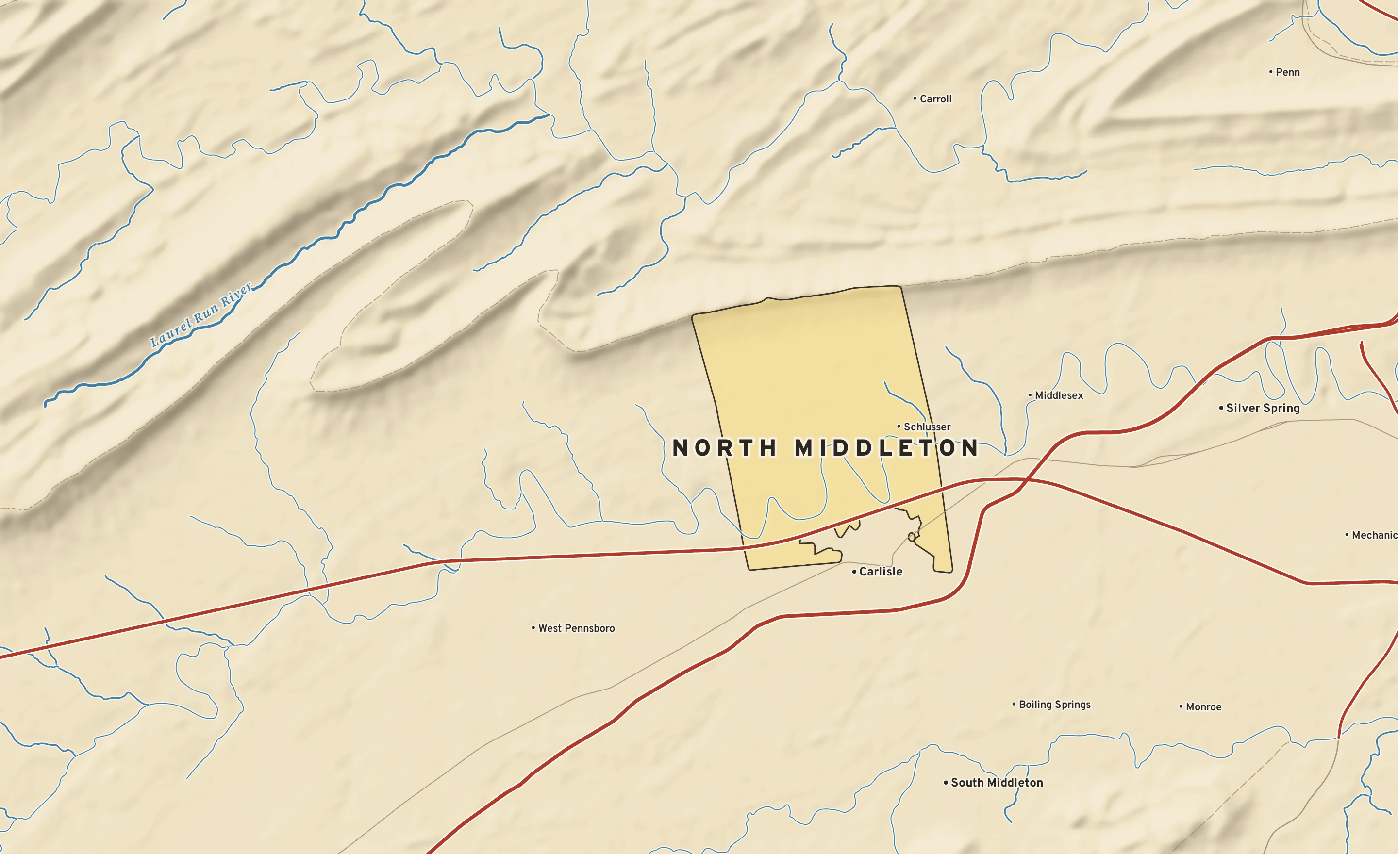 Shaded-relief atlas plate of North Middleton, Pennsylvania: rivers, roads, the city limits and where the water drains.