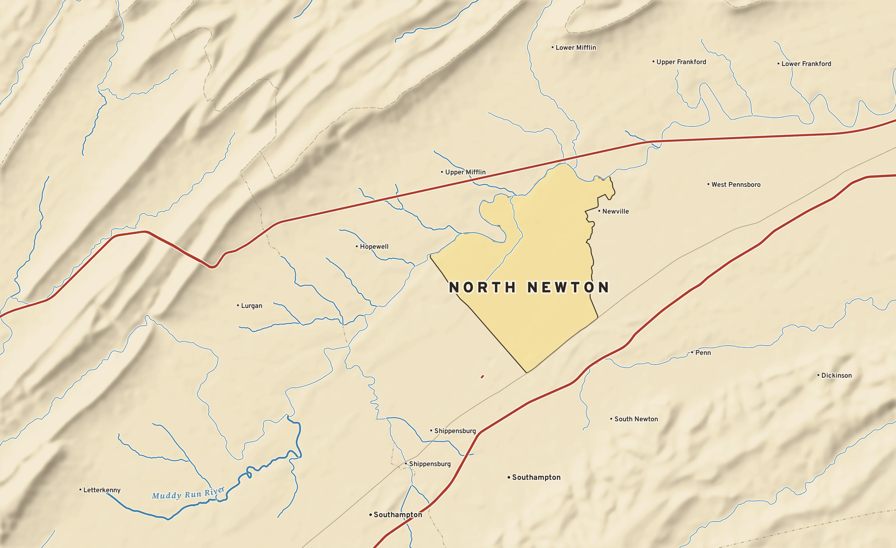 Shaded-relief atlas plate of North Newton, Pennsylvania: rivers, roads, the city limits and where the water drains.