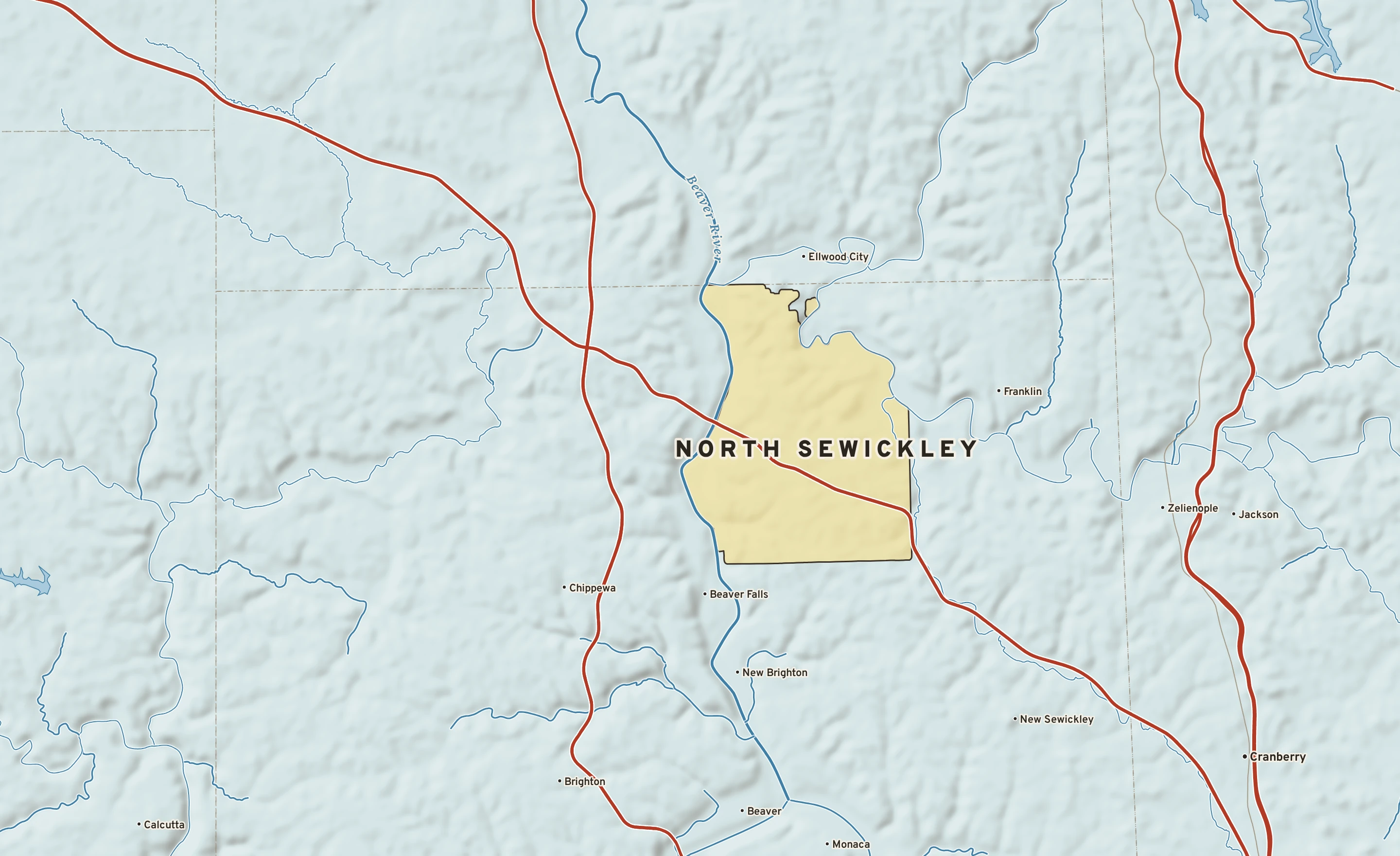 Shaded-relief atlas plate of North Sewickley, Pennsylvania: rivers, roads, the city limits and where the water drains.
