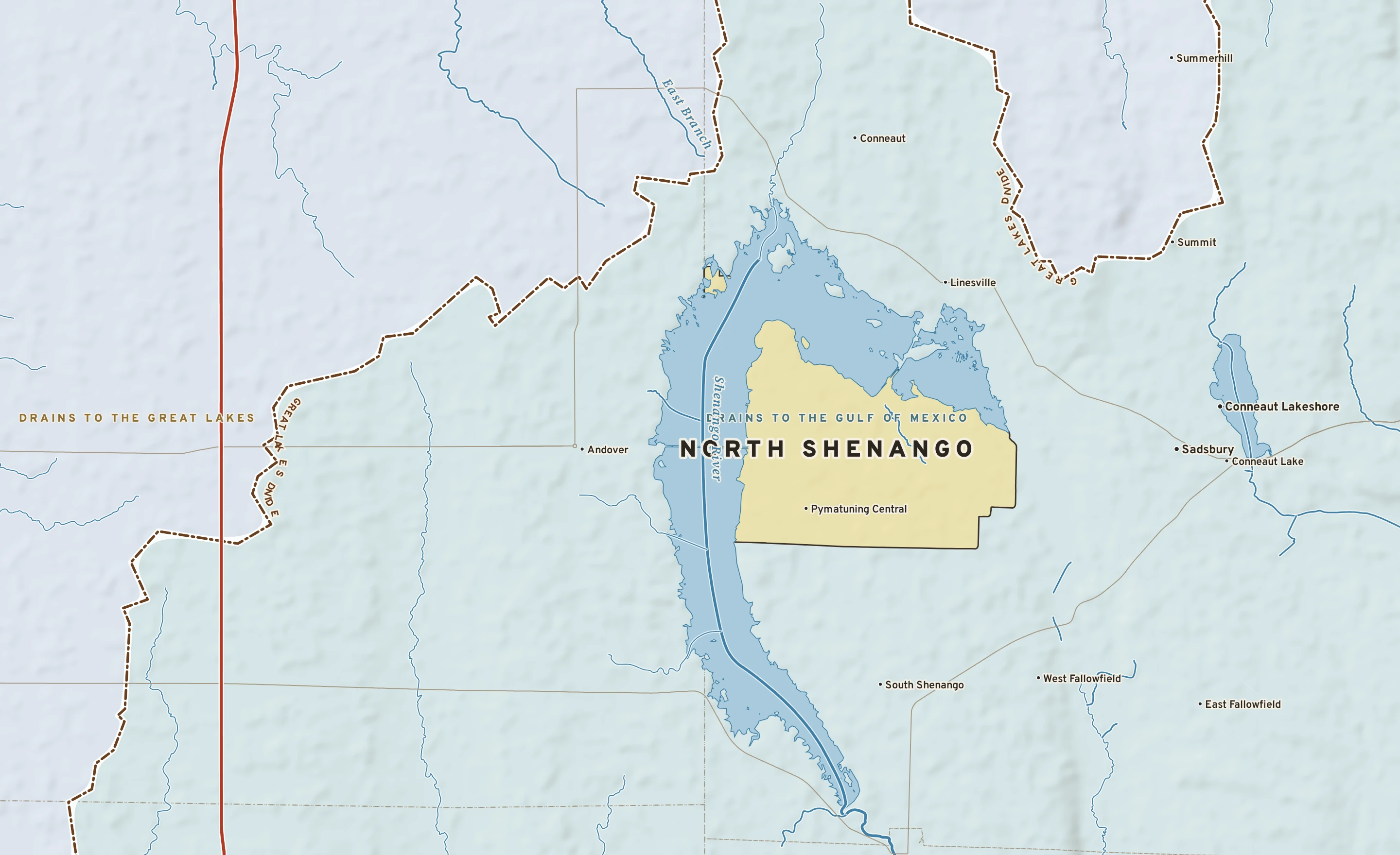 Shaded-relief atlas plate of North Shenango, Pennsylvania: rivers, roads, the city limits and where the water drains.