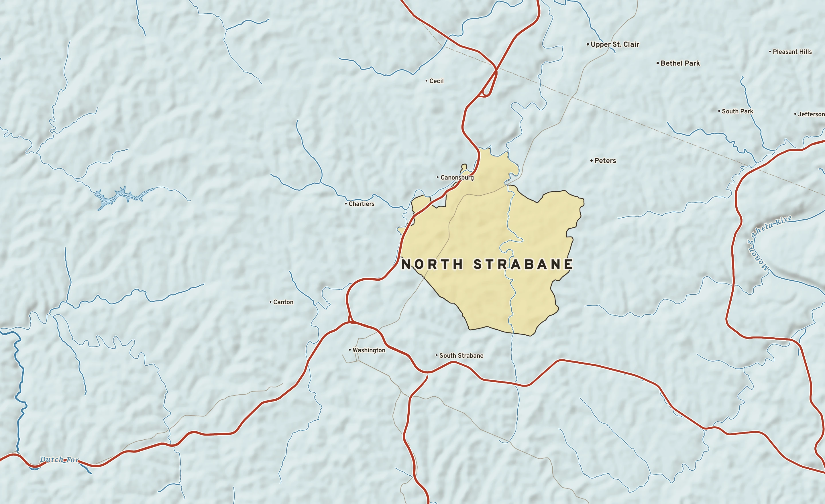Shaded-relief atlas plate of North Strabane, Pennsylvania: rivers, roads, the city limits and where the water drains.