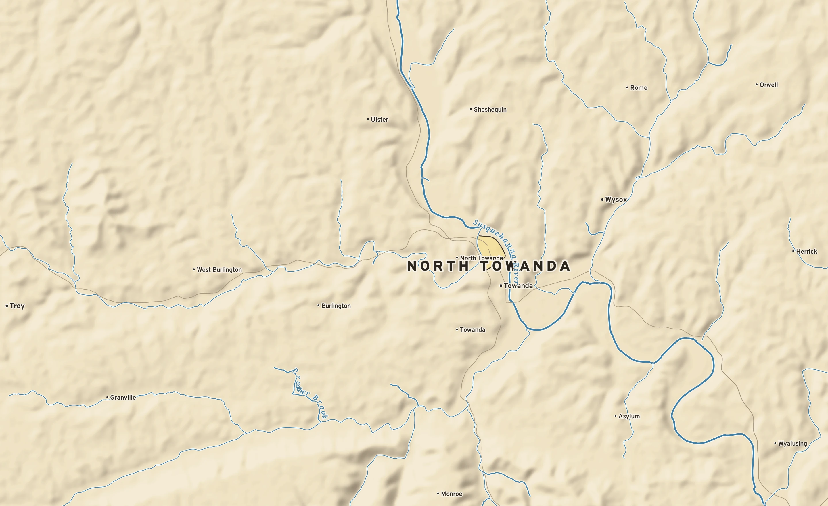 Shaded-relief atlas plate of North Towanda, Pennsylvania: rivers, roads, the city limits and where the water drains.