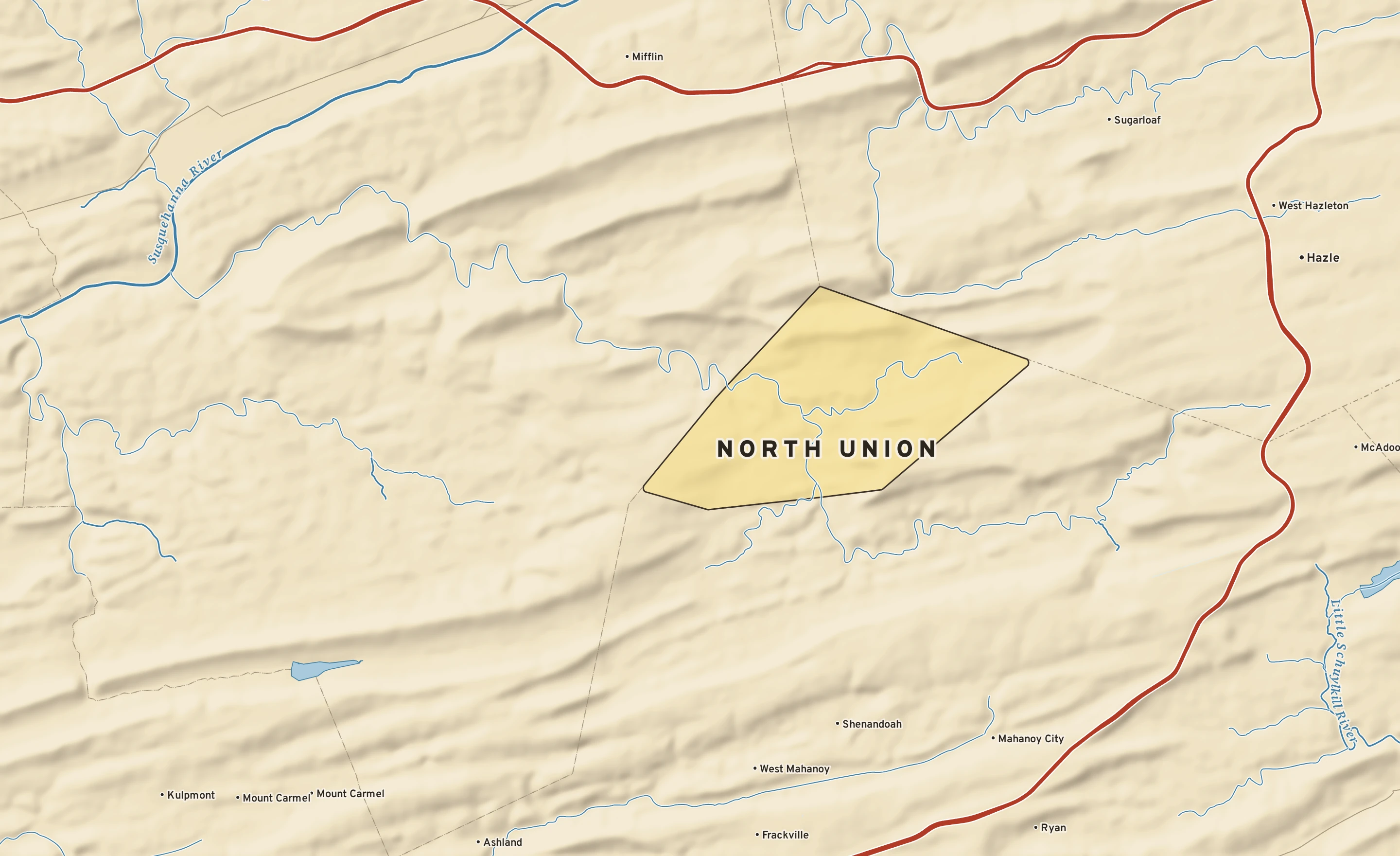 Shaded-relief atlas plate of North Union, Pennsylvania: rivers, roads, the city limits and where the water drains.