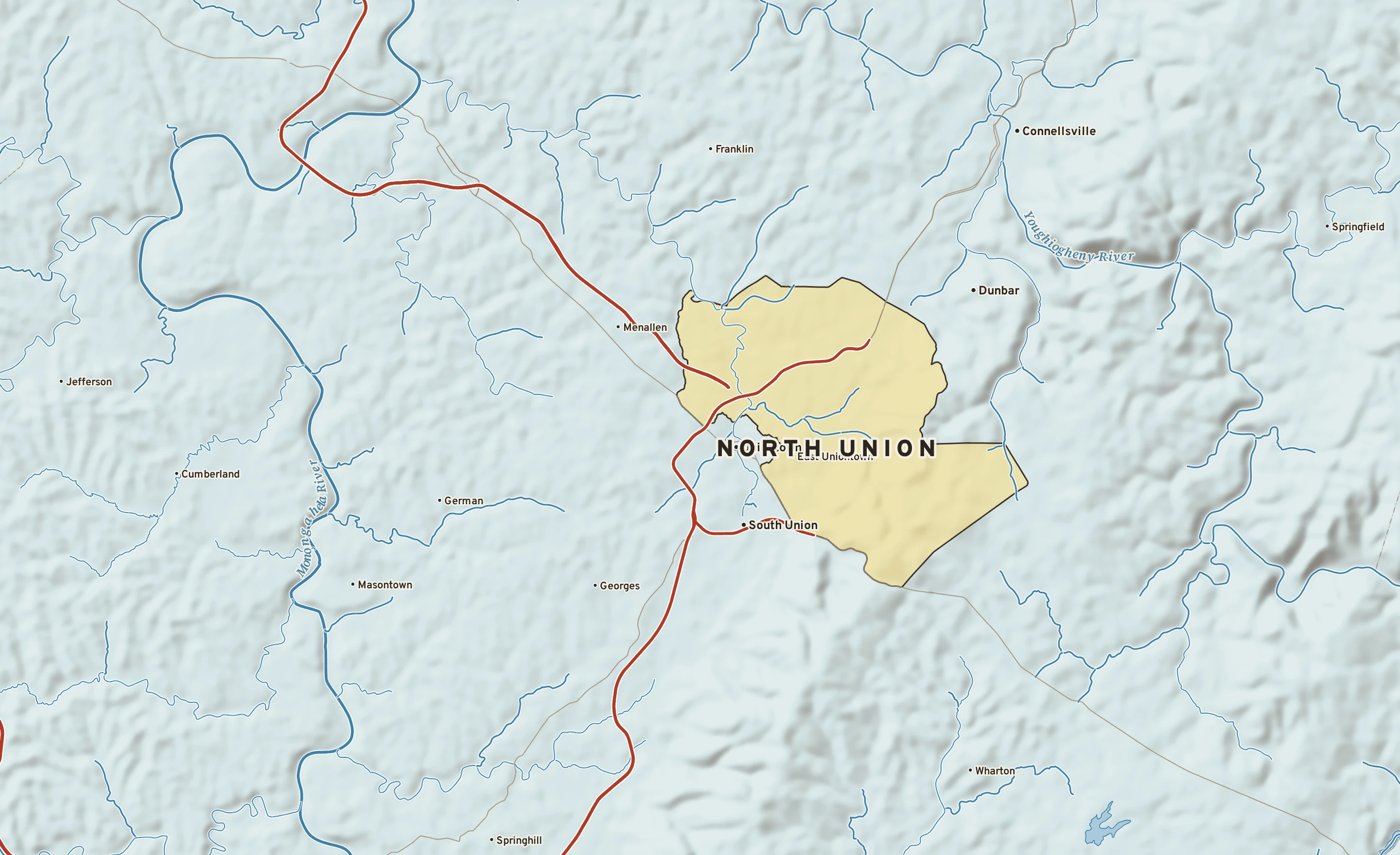 Shaded-relief atlas plate of North Union, Pennsylvania: rivers, roads, the city limits and where the water drains.