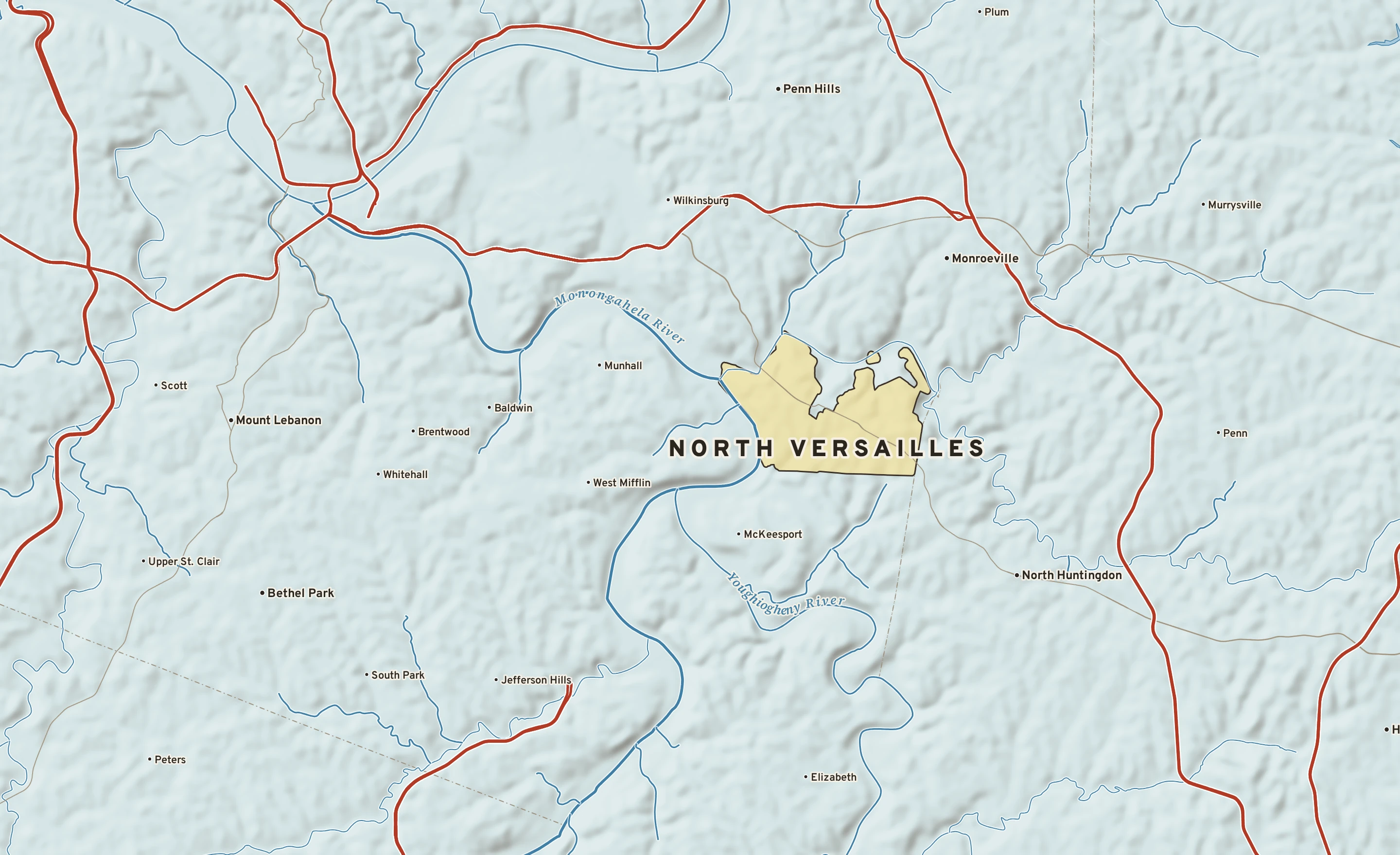Shaded-relief atlas plate of North Versailles, Pennsylvania: rivers, roads, the city limits and where the water drains.