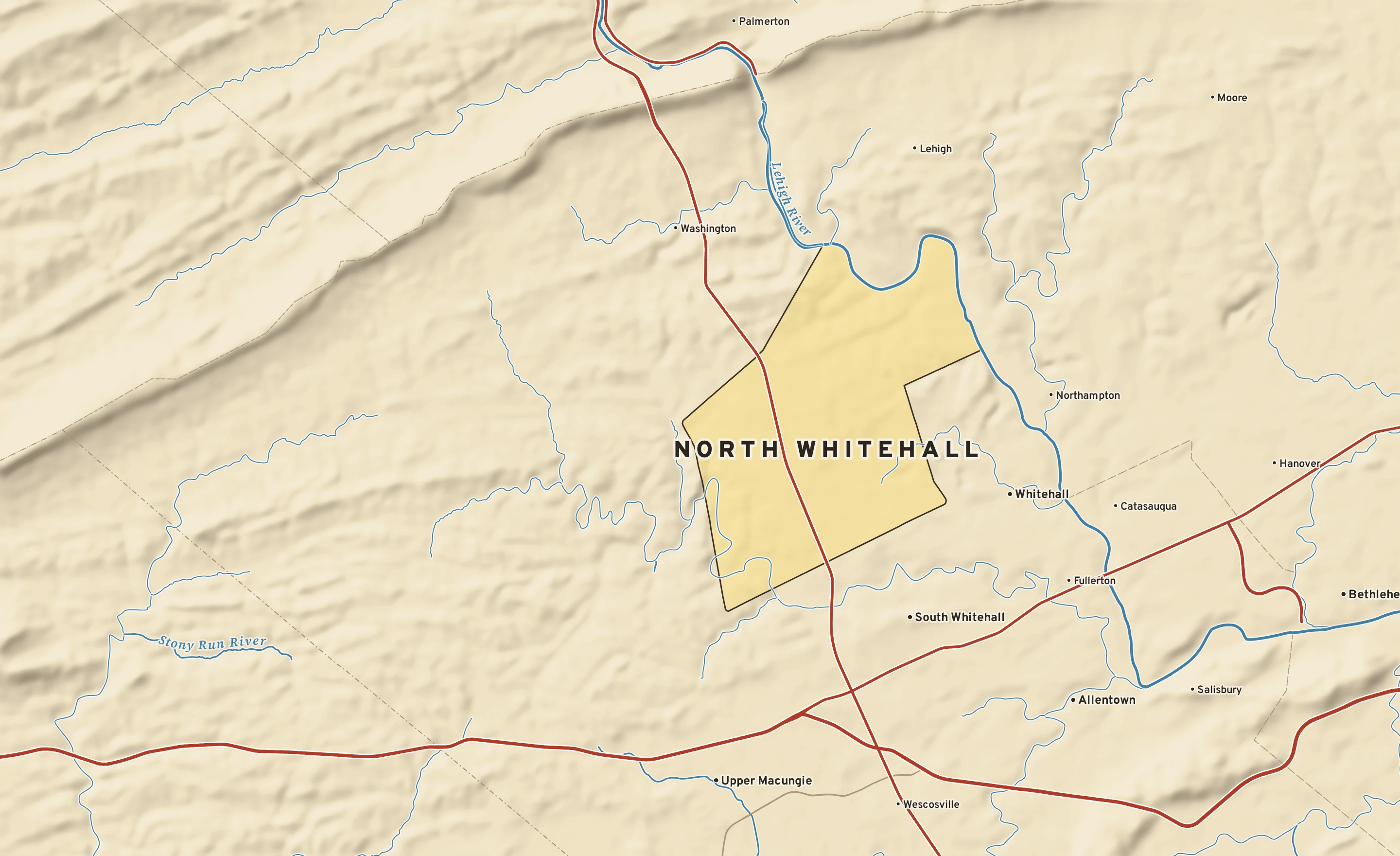 Shaded-relief atlas plate of North Whitehall, Pennsylvania: rivers, roads, the city limits and where the water drains.