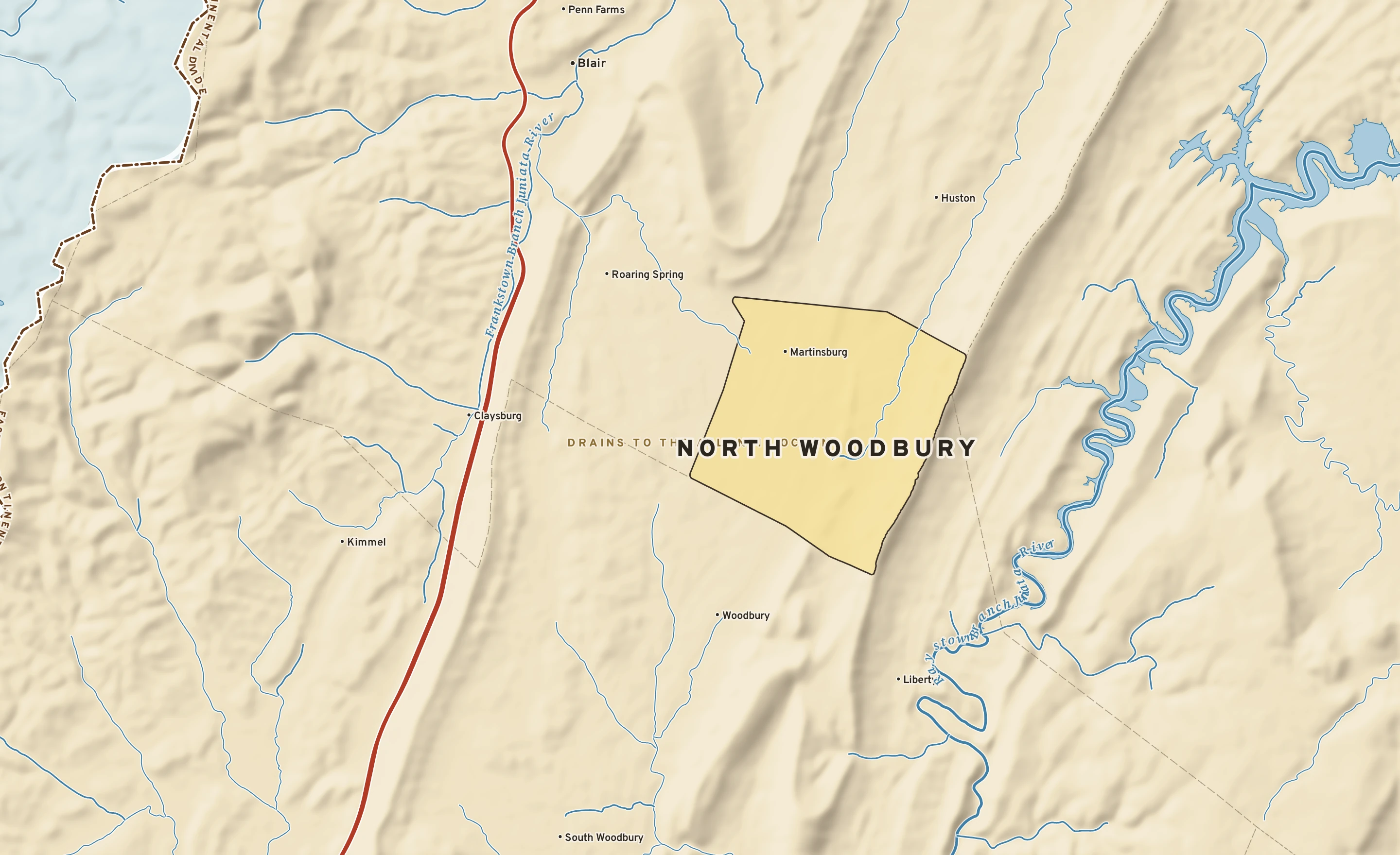 Shaded-relief atlas plate of North Woodbury, Pennsylvania: rivers, roads, the city limits and where the water drains.