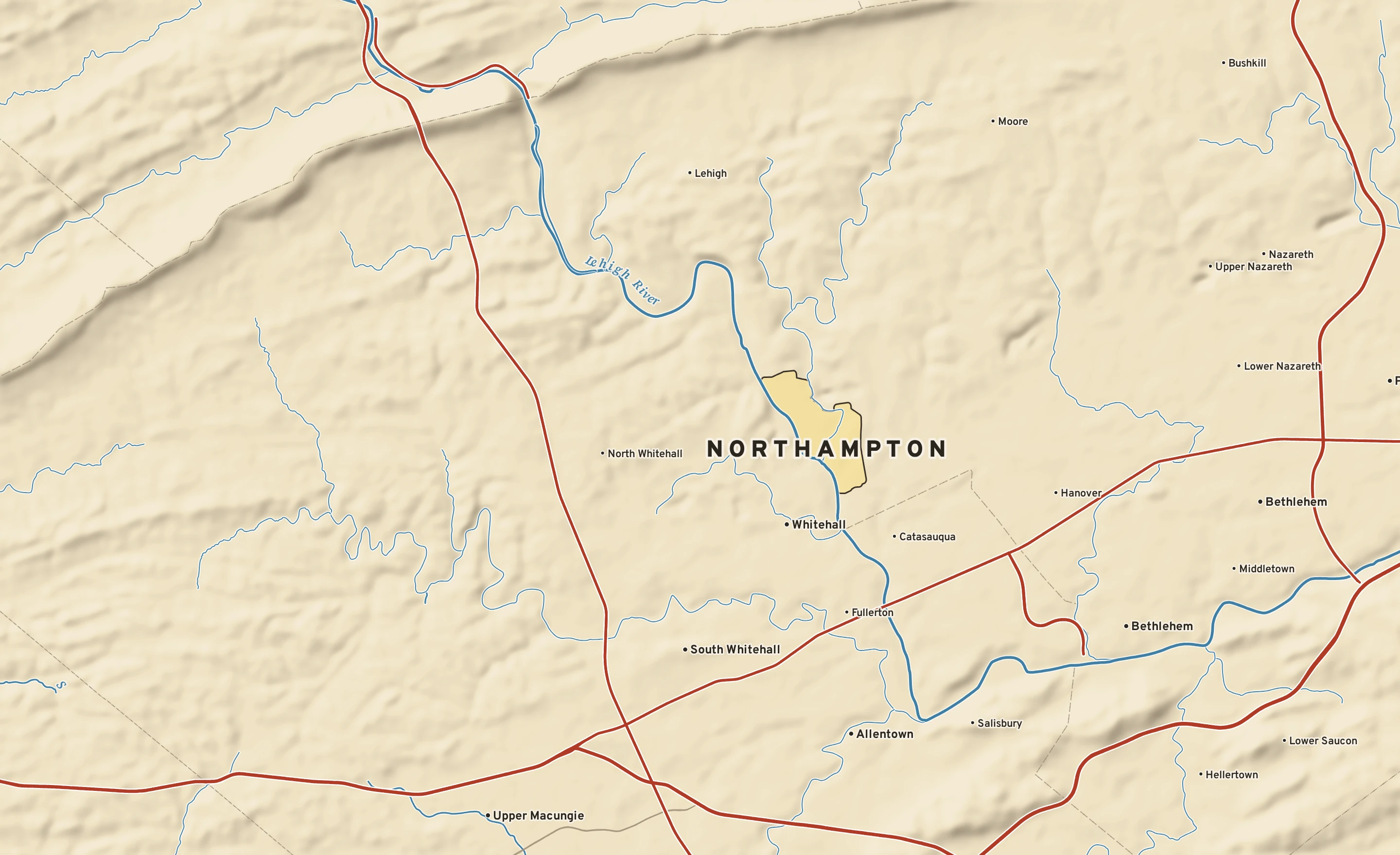 Shaded-relief atlas plate of Northampton, Pennsylvania: rivers, roads, the city limits and where the water drains.