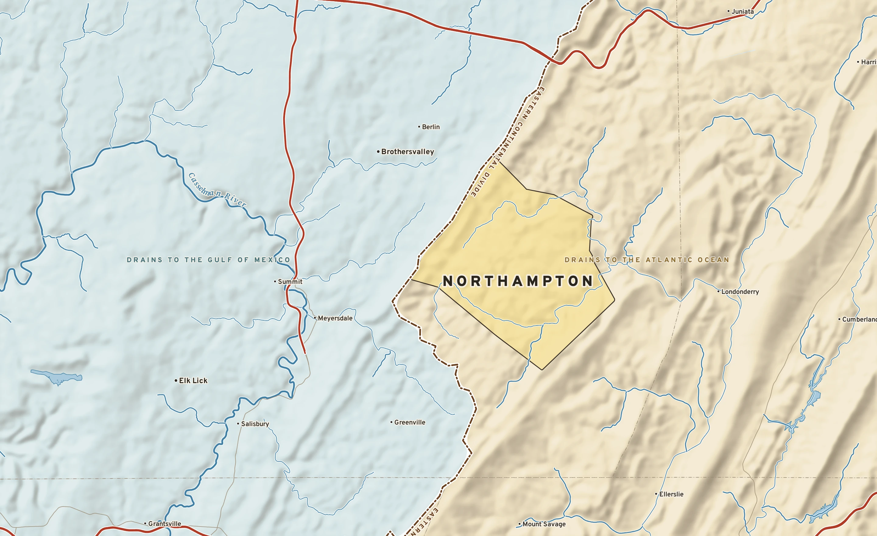 Shaded-relief atlas plate of Northampton, Pennsylvania: rivers, roads, the city limits and where the water drains.