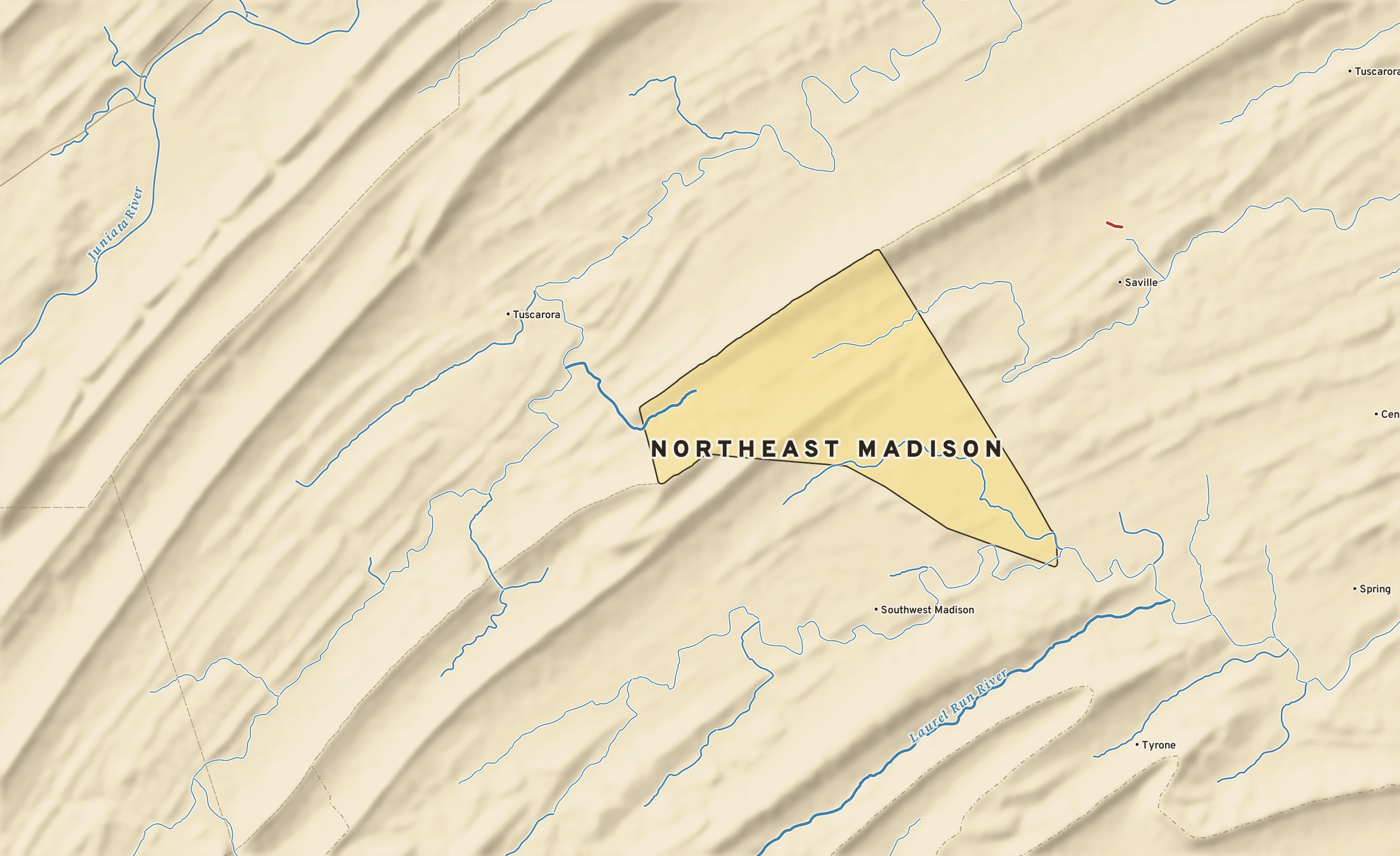 Shaded-relief atlas plate of Northeast Madison, Pennsylvania: rivers, roads, the city limits and where the water drains.