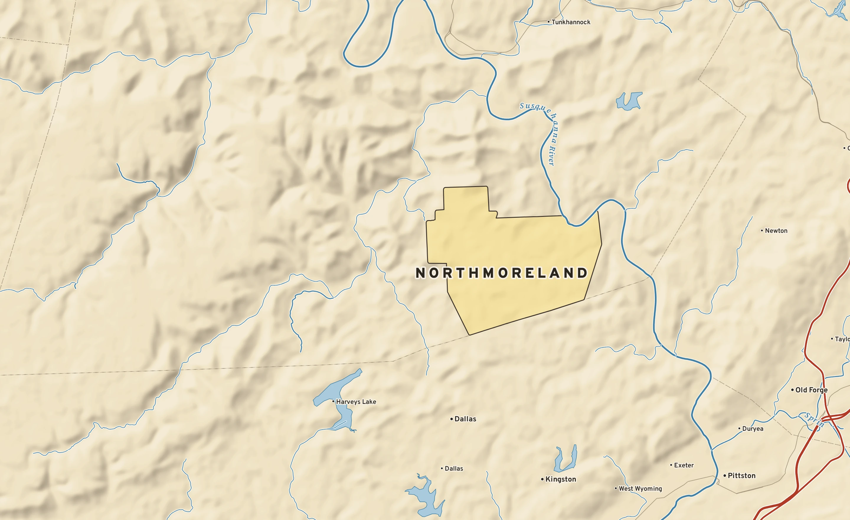 Shaded-relief atlas plate of Northmoreland, Pennsylvania: rivers, roads, the city limits and where the water drains.